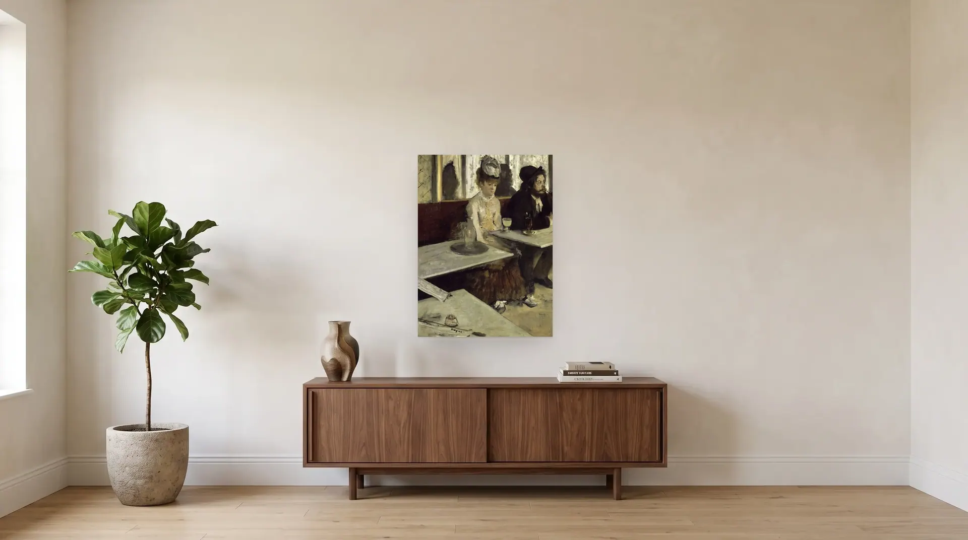 L'Absinthe by Edgar Degas shown at its true size, 27" × 36", over a 72" sideboard