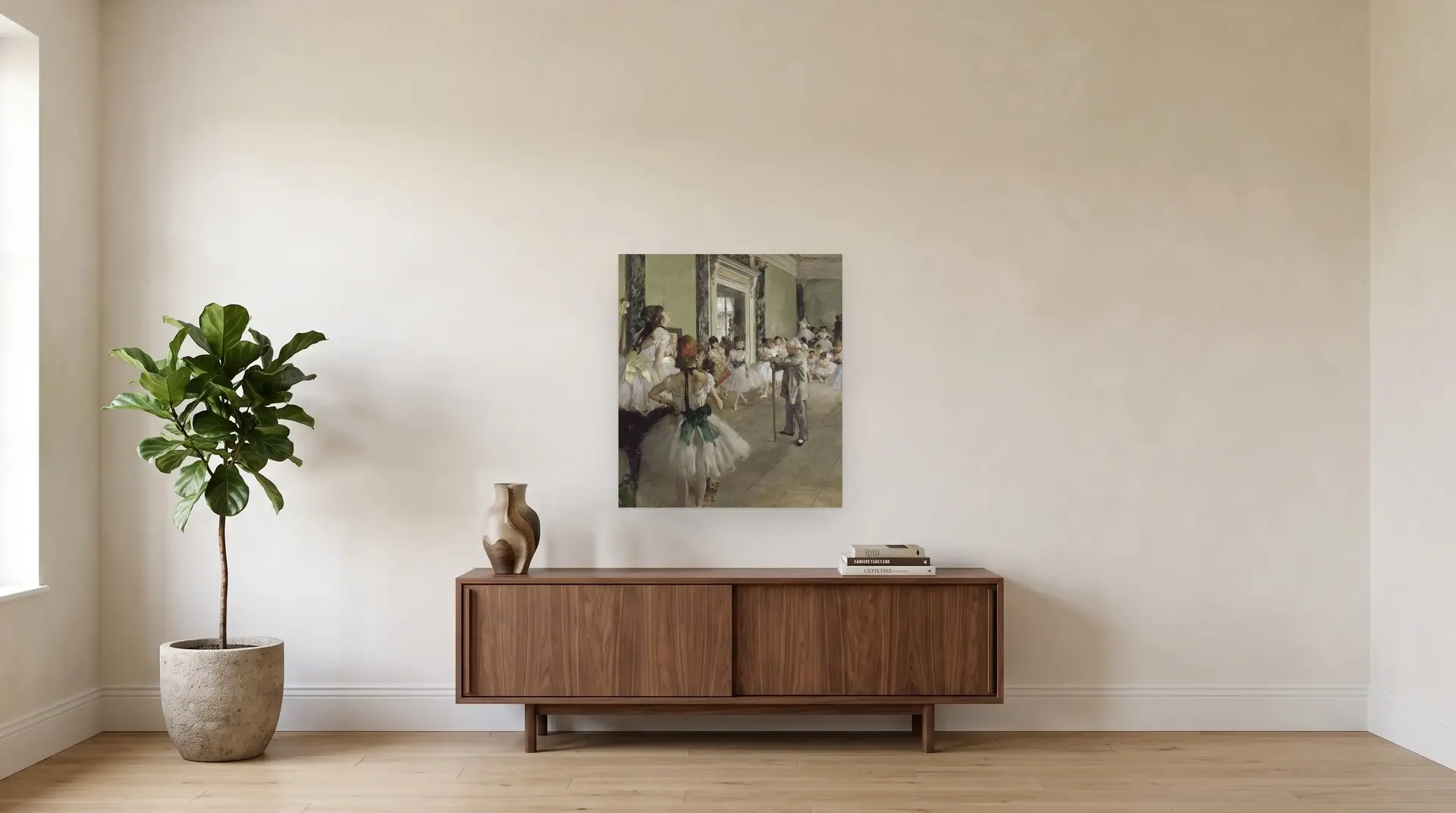 The Ballet Class by Edgar Degas shown at its true size, 29½" × 33½", over a 72" sideboard
