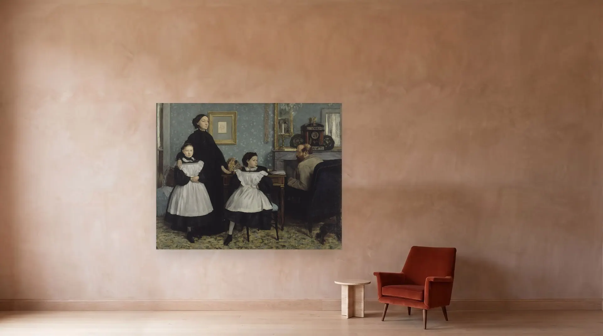 The Bellelli Family by Edgar Degas shown at its true size, 99½" × 78½", beside an armchair