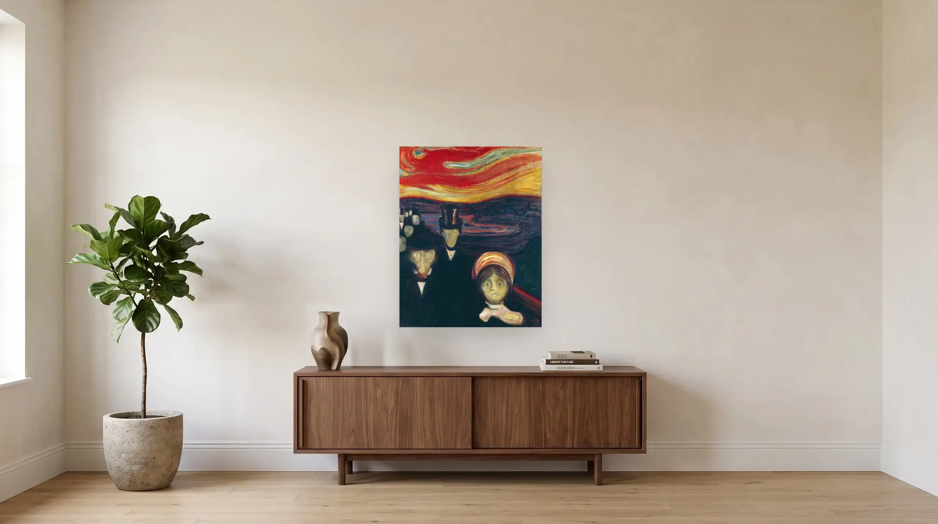 Anxiety by Edvard Munch shown at its true size, 29" × 37", over a 72" sideboard