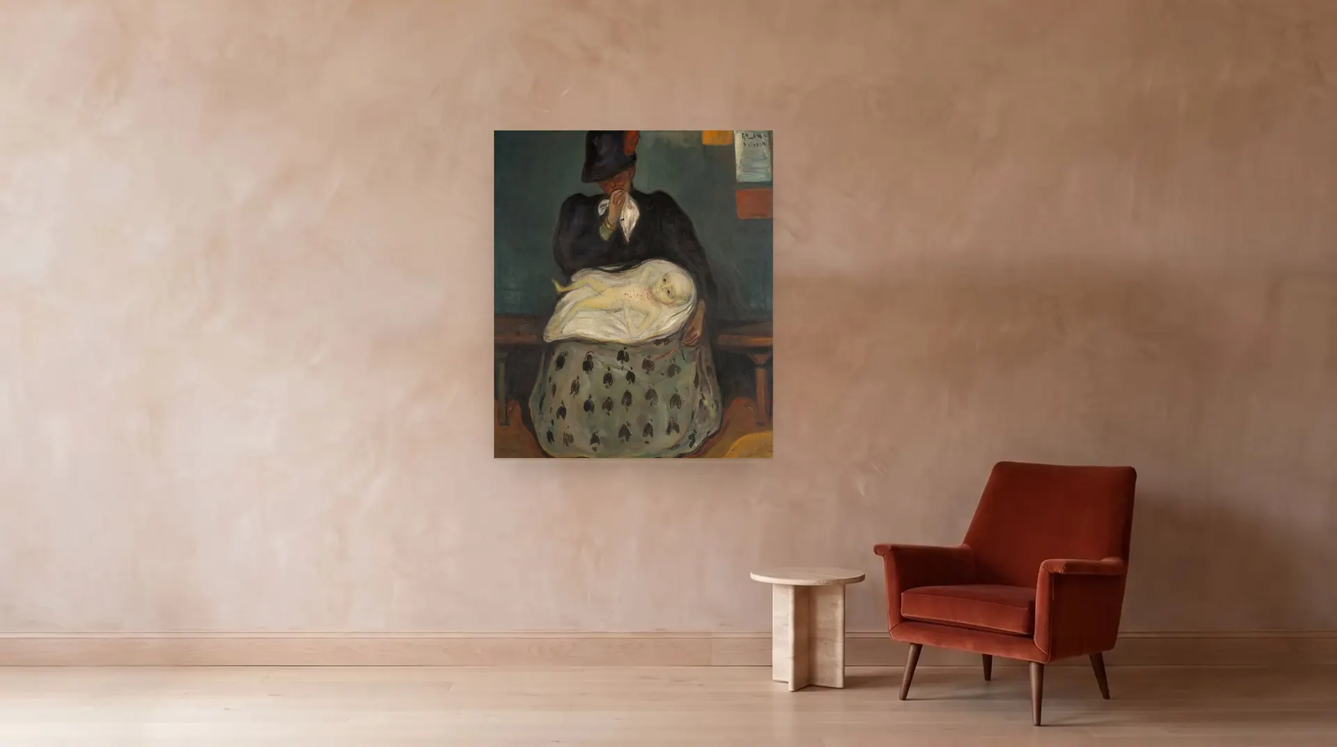 Inheritance by Edvard Munch shown at its true size, 47" × 55½", beside an armchair