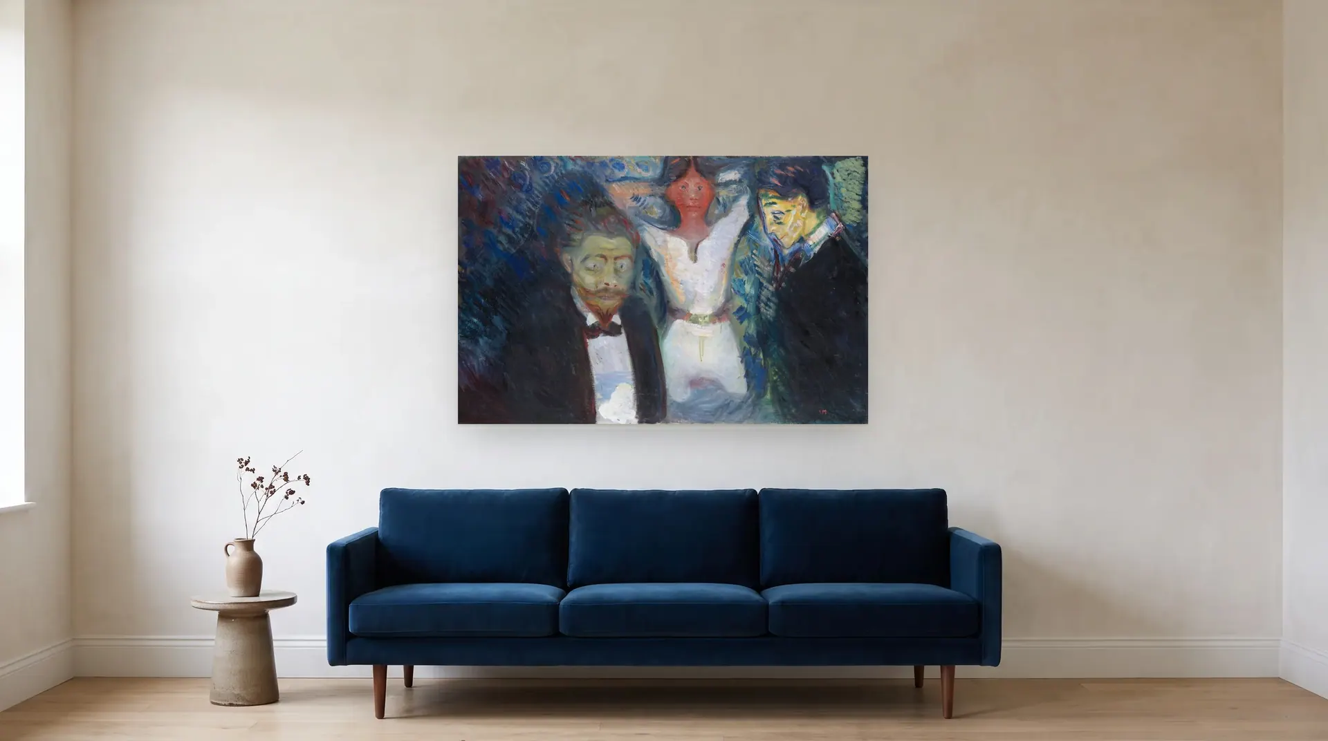 Jealousy by Edvard Munch shown at its true size, 51" × 33½", over an 84" sofa