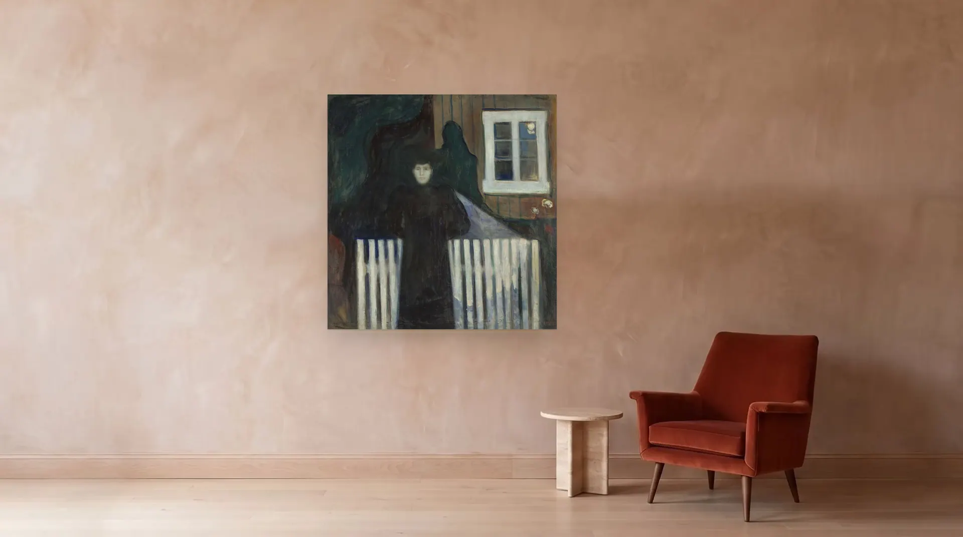 Moonlight by Edvard Munch shown at its true size, 54" × 55½", beside an armchair