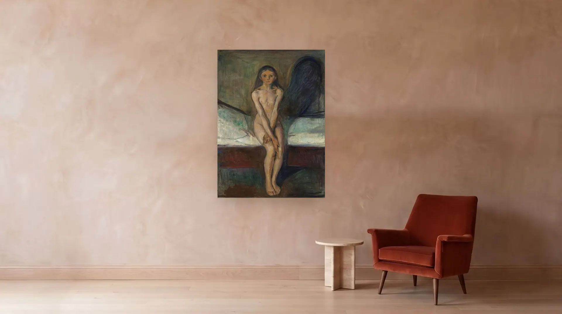 Puberty by Edvard Munch shown at its true size, 43½" × 59½", beside an armchair
