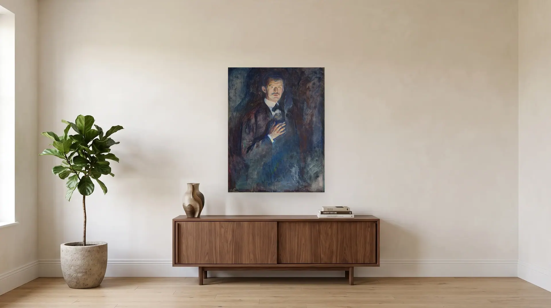 Self-Portrait with Cigarette by Edvard Munch shown at its true size, 33½" × 43½", over a 72" sideboard