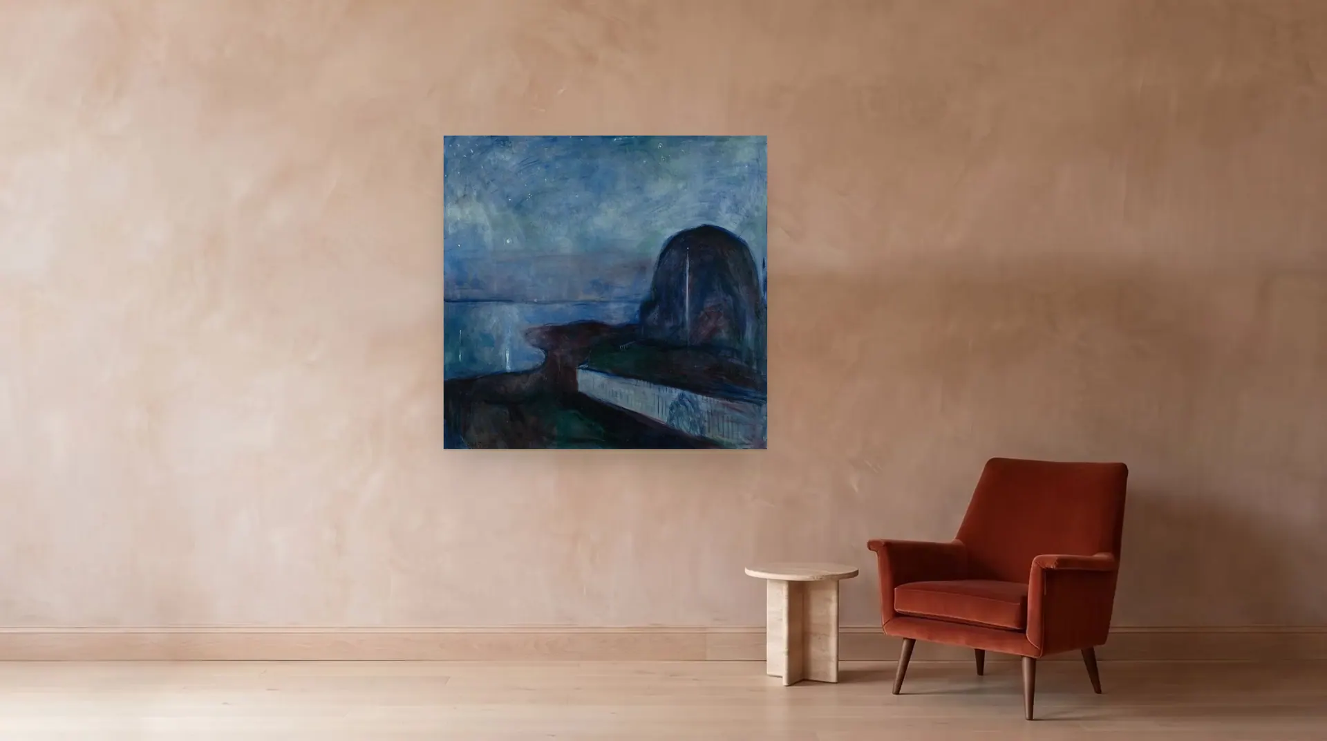 Starry Night by Edvard Munch shown at its true size, 55" × 53½", beside an armchair