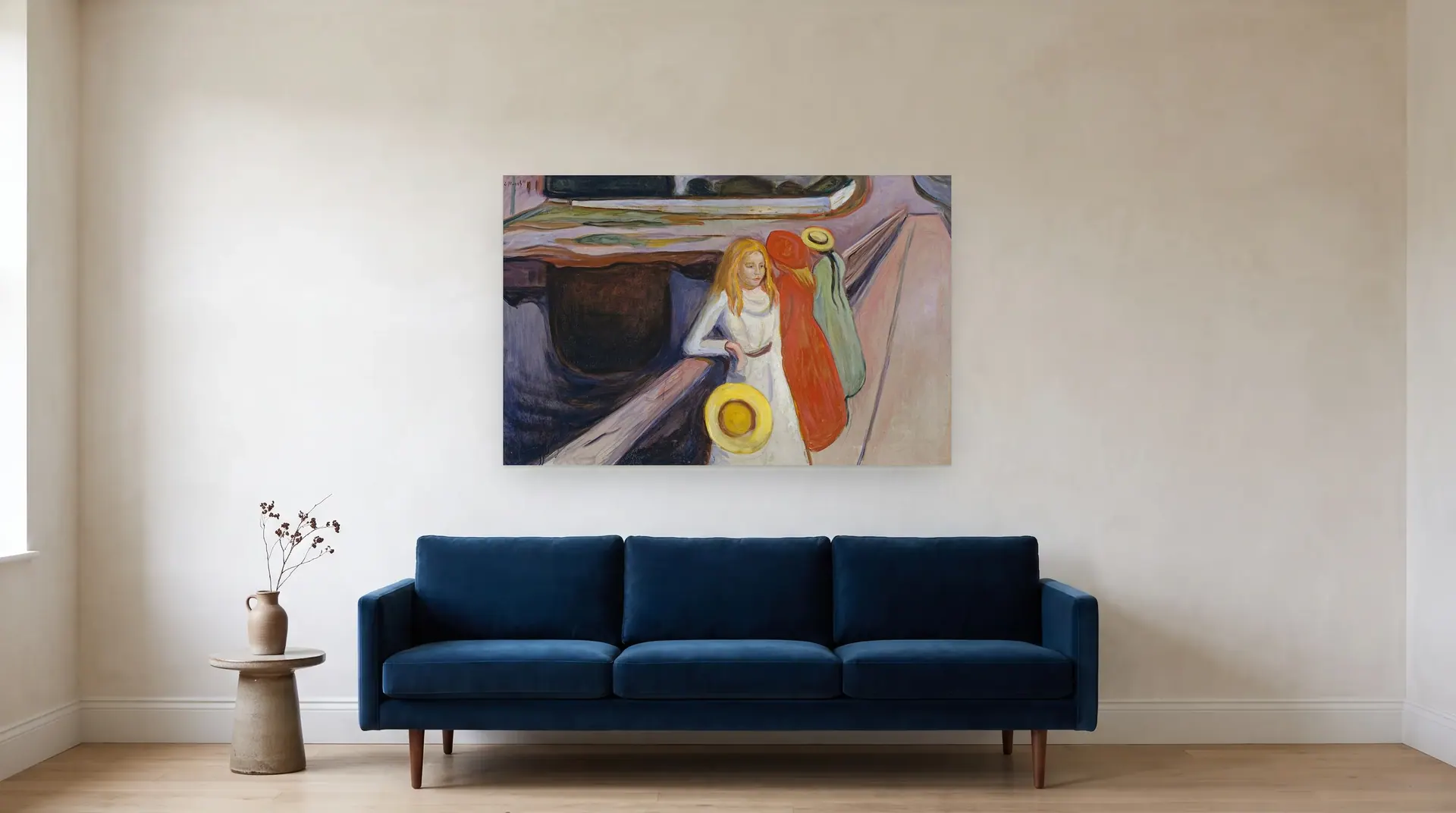 The Girls on the Bridge by Edvard Munch shown at its true size, 51" × 33", over an 84" sofa