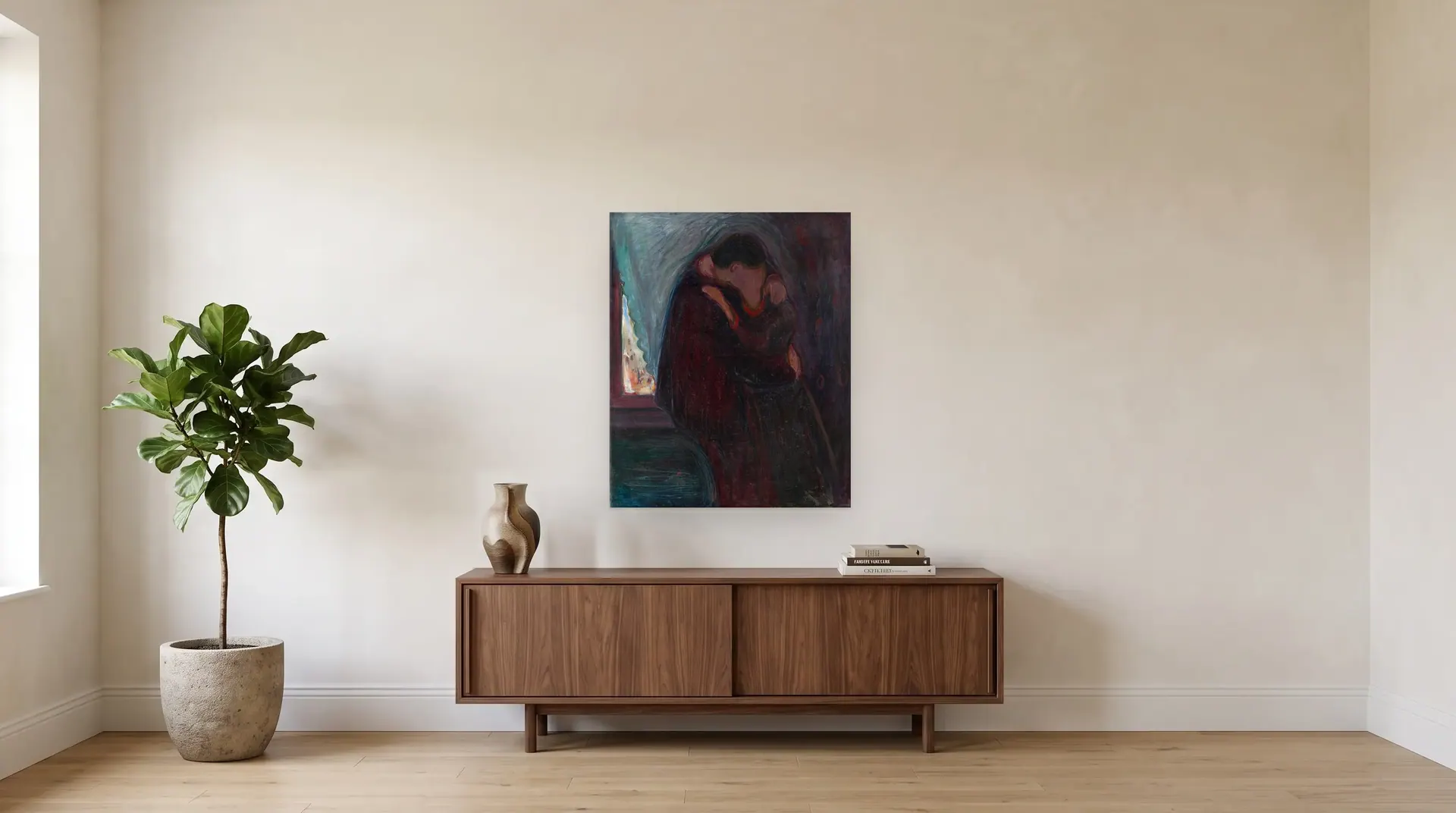 The Kiss by Edvard Munch shown at its true size, 32" × 39", over a 72" sideboard