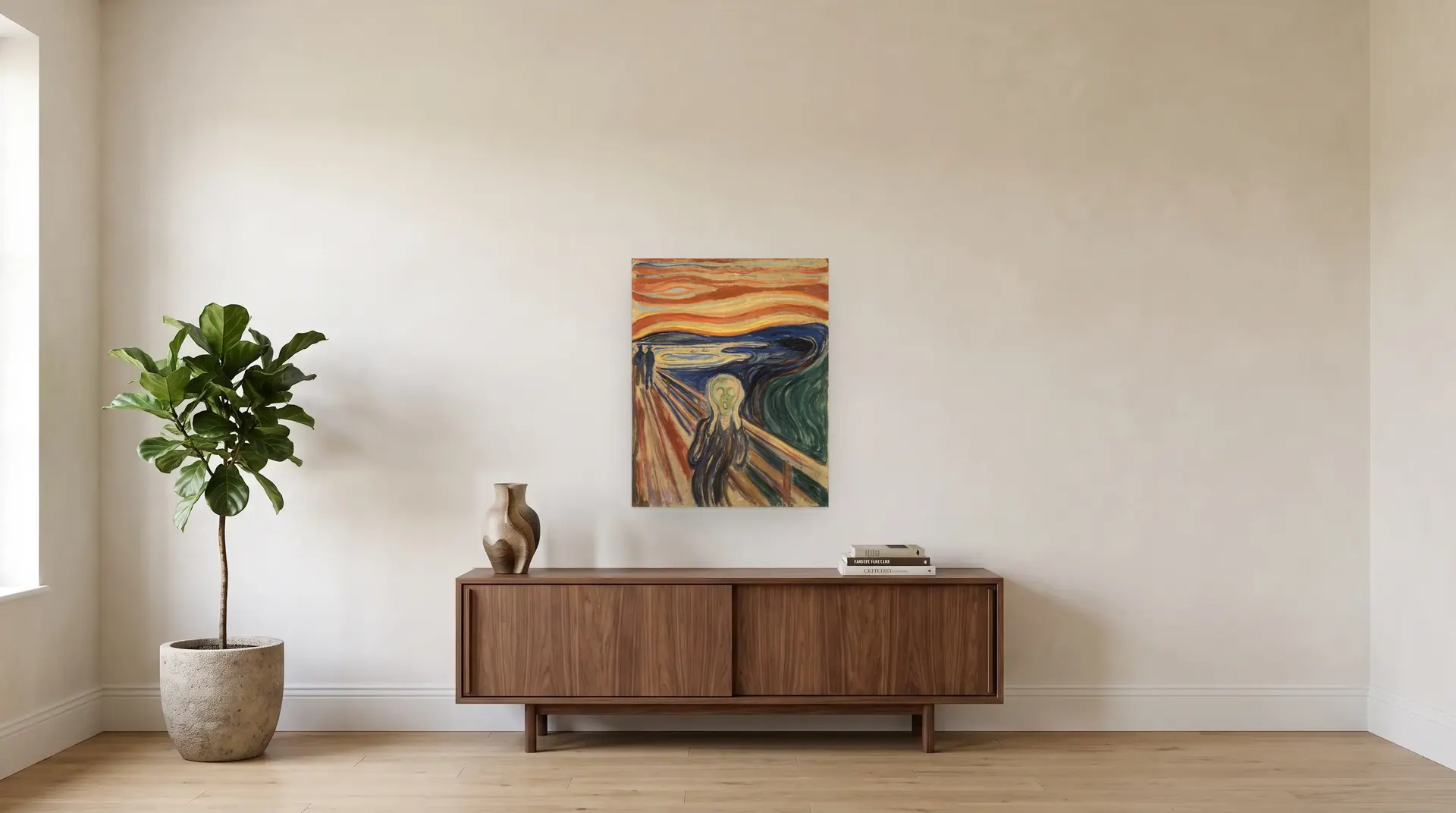 The Scream by Edvard Munch shown at its true size, 26" × 33", over a 72" sideboard