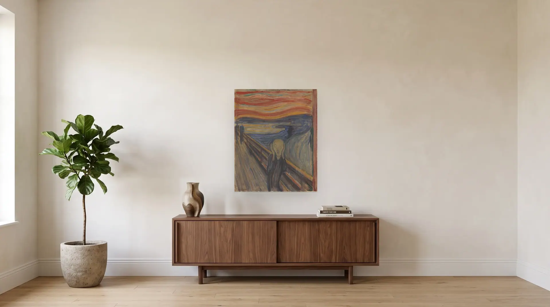 The Scream by Edvard Munch shown at its true size, 29" × 36", over a 72" sideboard
