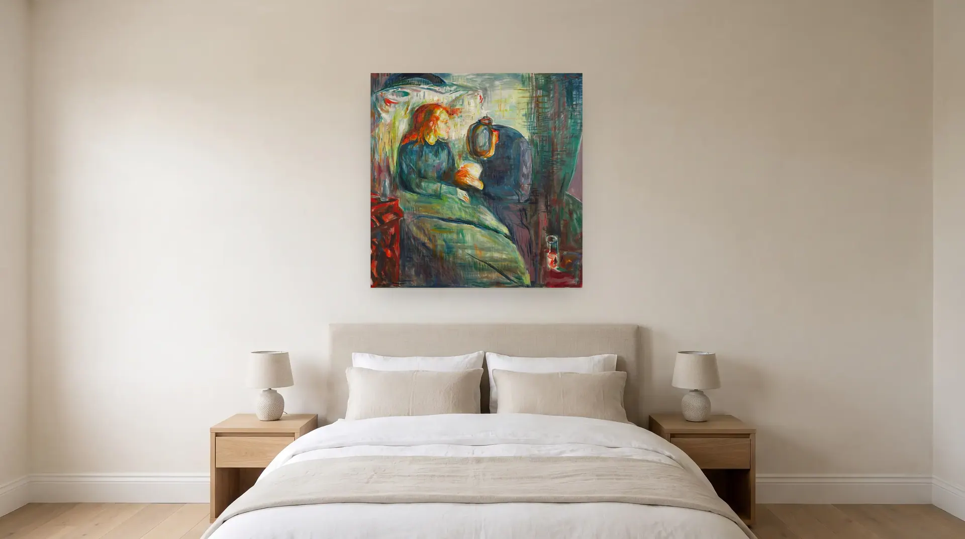 The Sick Child by Edvard Munch shown at its true size, 45½" × 46½", over a queen bed