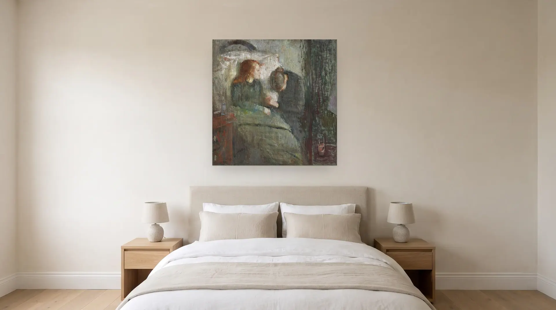 The Sick Child by Edvard Munch shown at its true size, 46½" × 47", over a queen bed