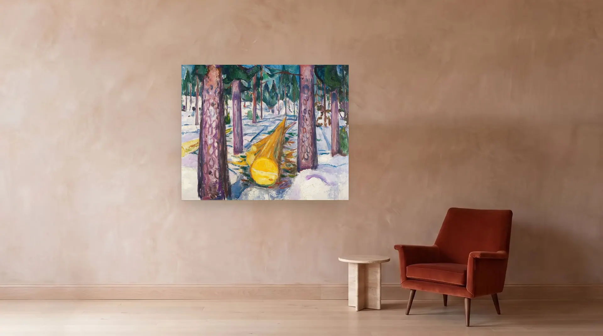 The Yellow Log by Edvard Munch shown at its true size, 63" × 51", beside an armchair