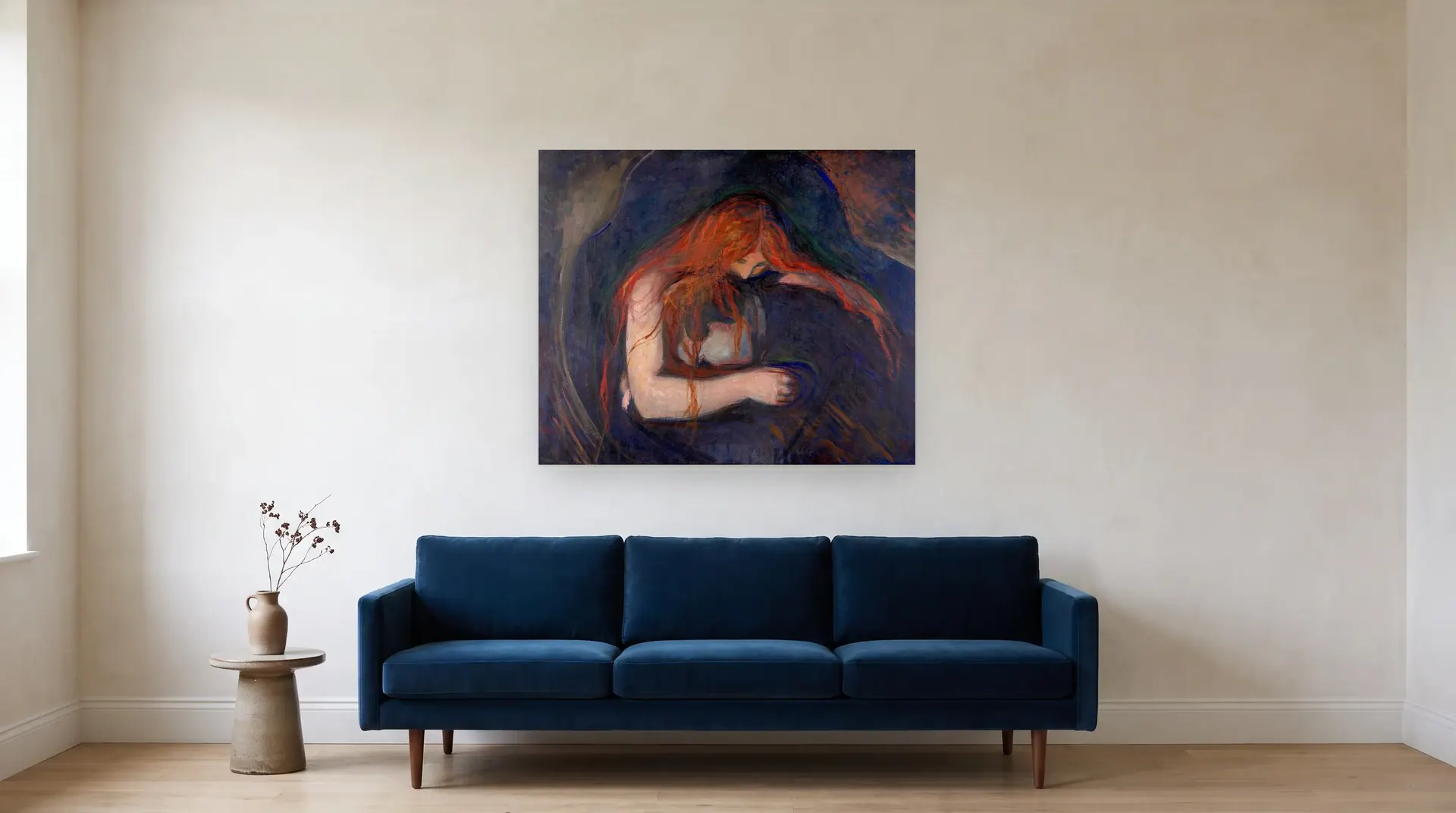 Vampire by Edvard Munch shown at its true size, 43" × 36", over an 84" sofa