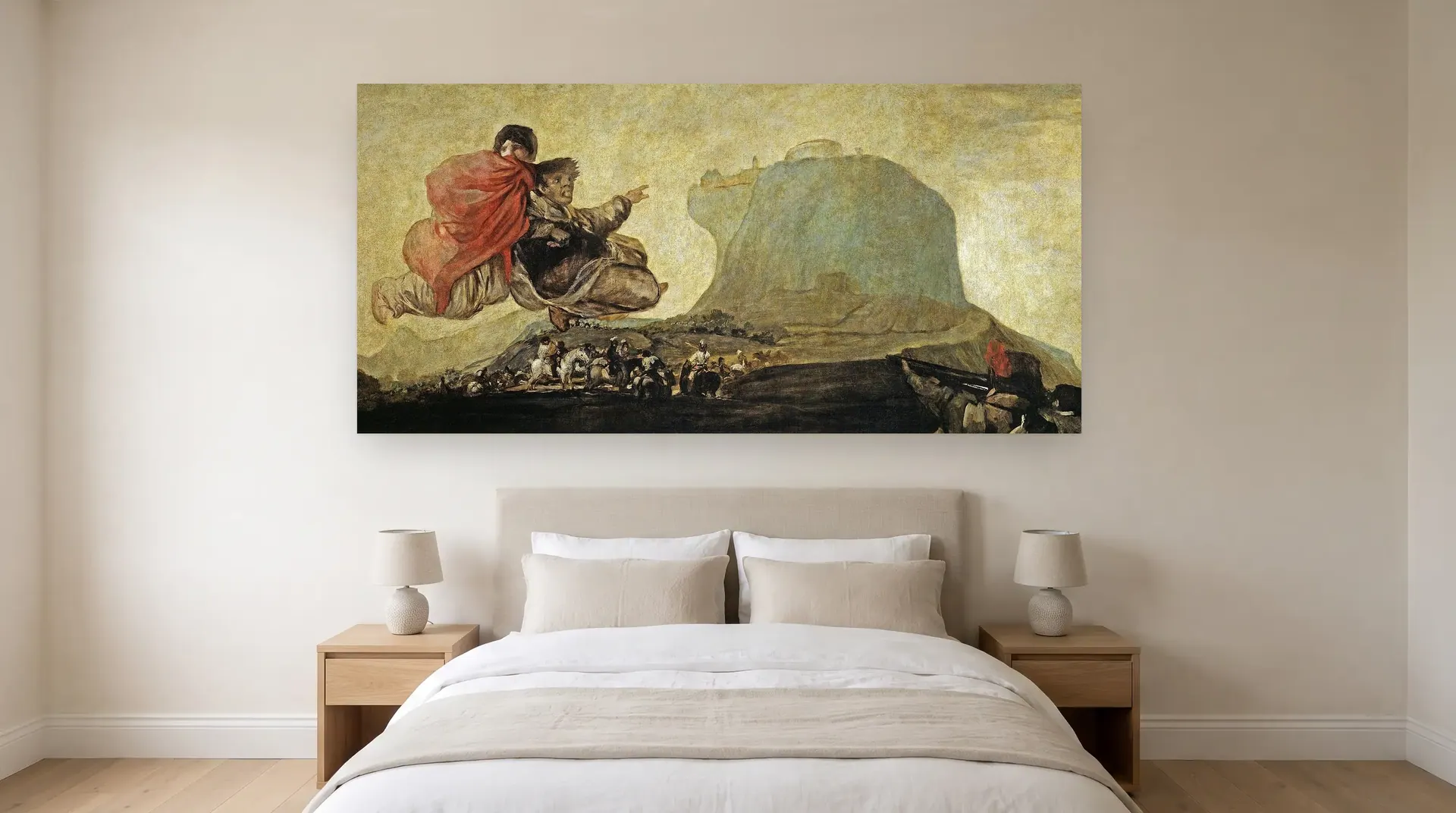 Asmodea by Francisco Goya shown at its true size, 103½" × 50", over a queen bed