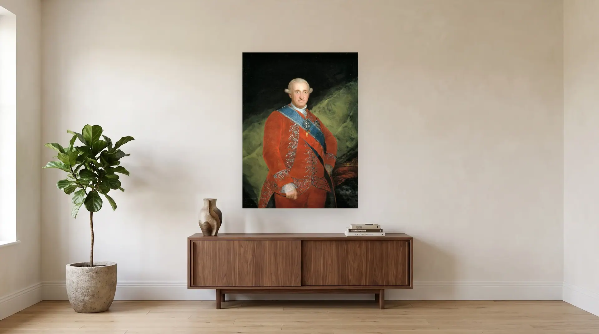 Charles IV in Red by Francisco Goya shown at its true size, 37" × 50", over a 72" sideboard