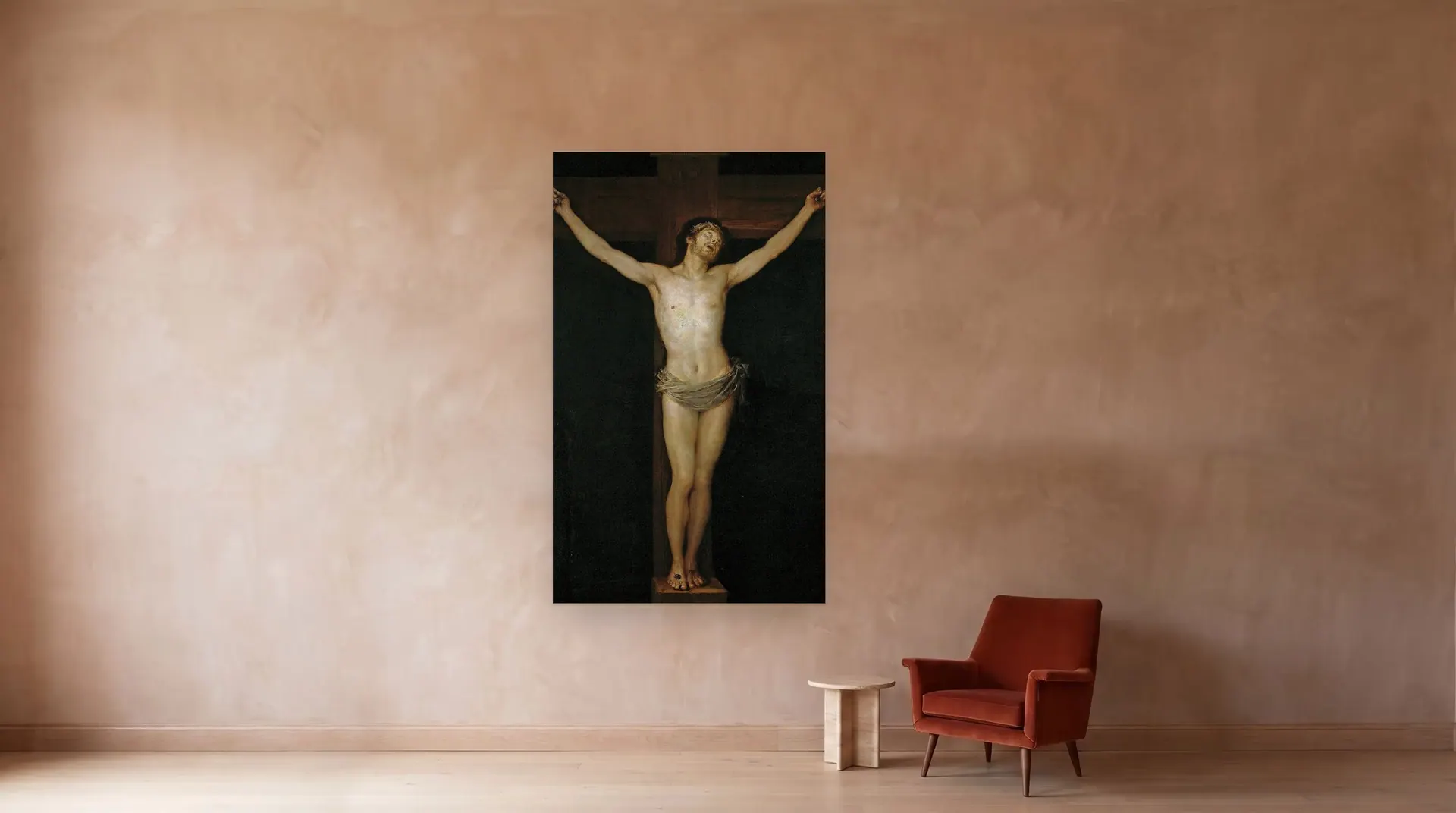 Christ Crucified by Francisco Goya shown at its true size, 60½" × 100½", beside an armchair