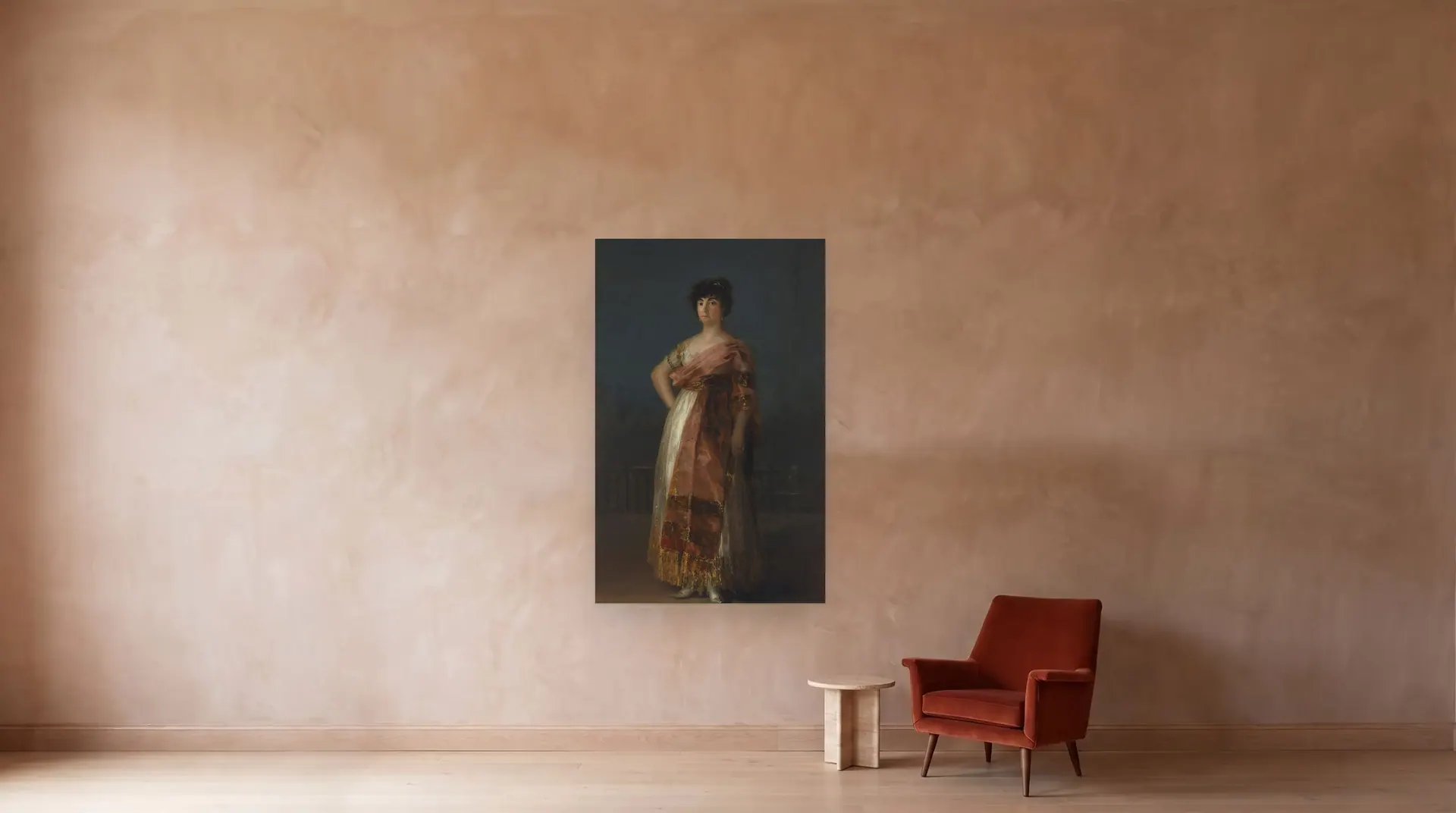 La Tirana by Francisco Goya shown at its true size, 51" × 81", beside an armchair