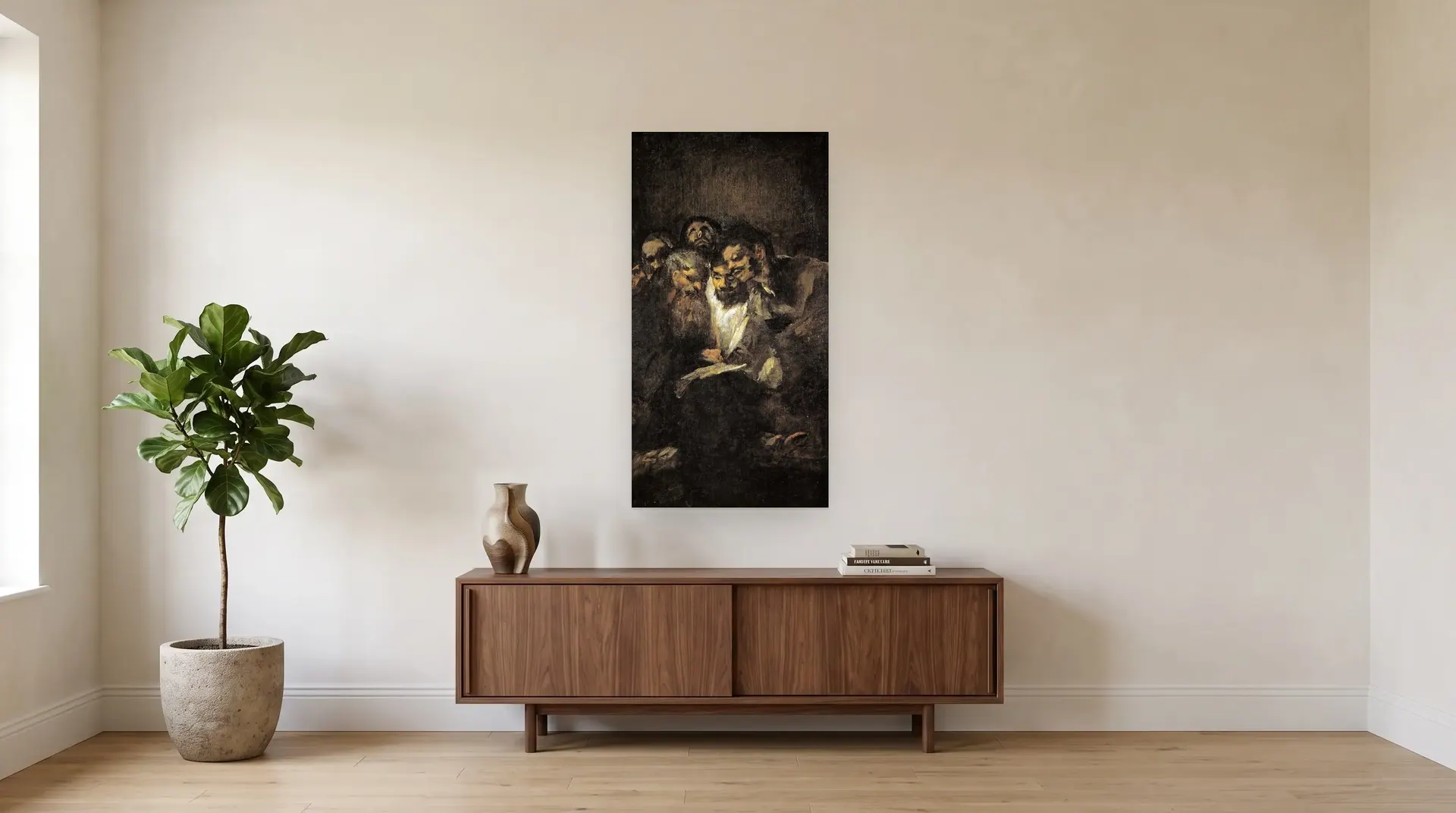 Men Reading by Francisco Goya shown at its true size, 26" × 49½", over a 72" sideboard