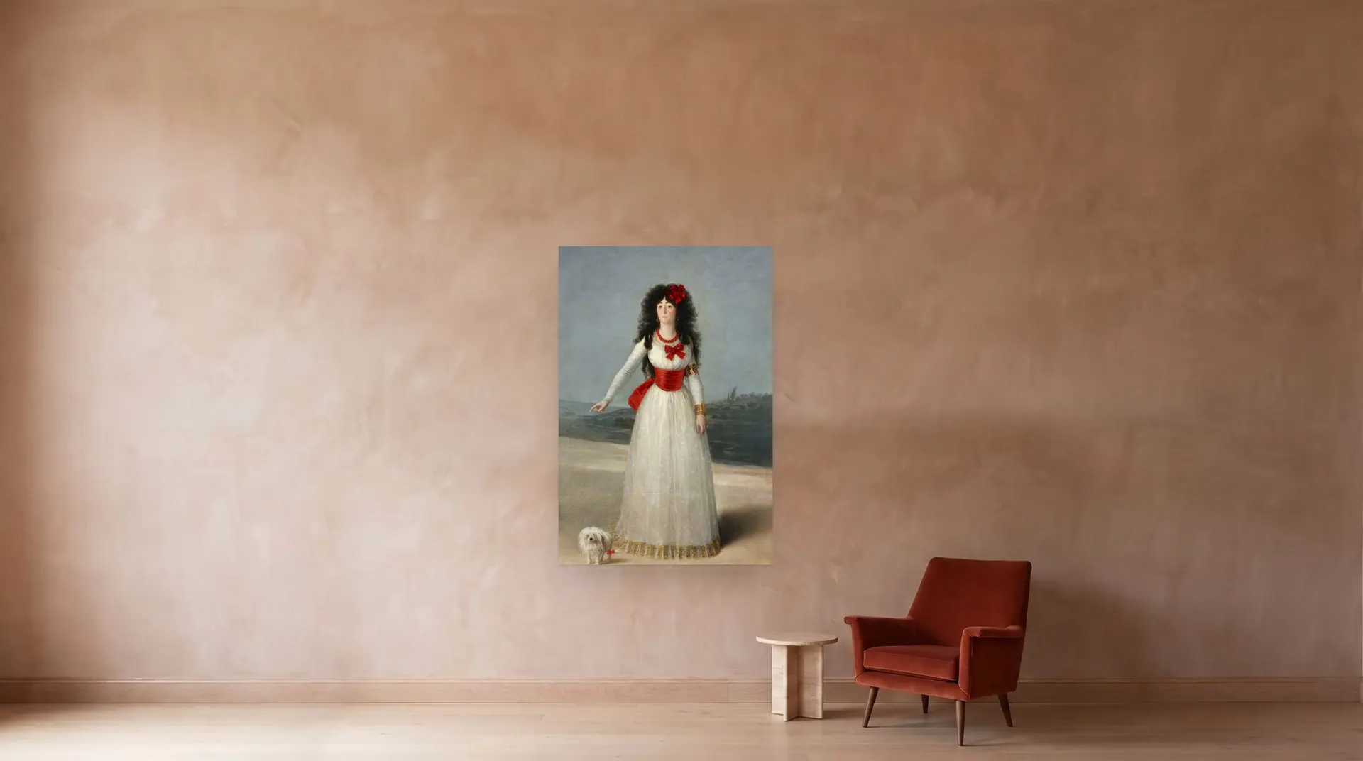 Portrait of the Duchess of Alba by Francisco Goya shown at its true size, 51" × 75½", beside an armchair