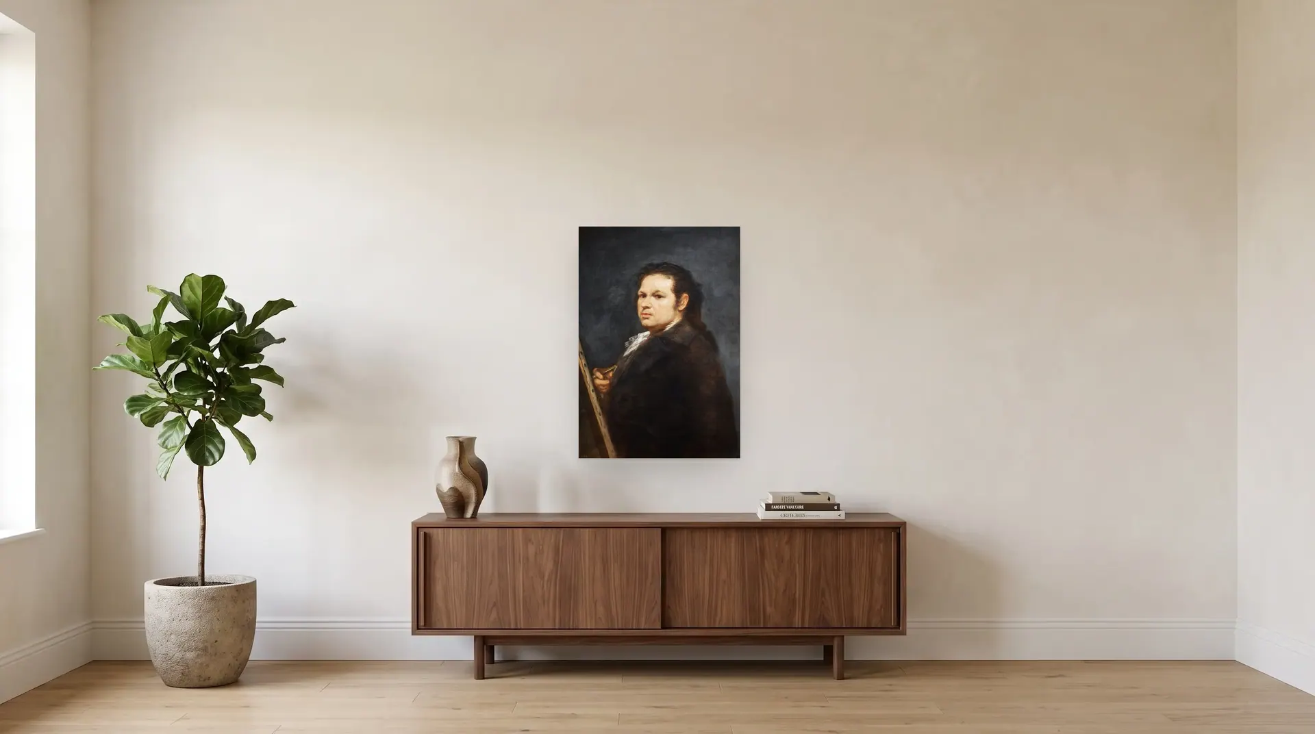Self-portrait by Francisco Goya shown at its true size, 23½" × 34", over a 72" sideboard