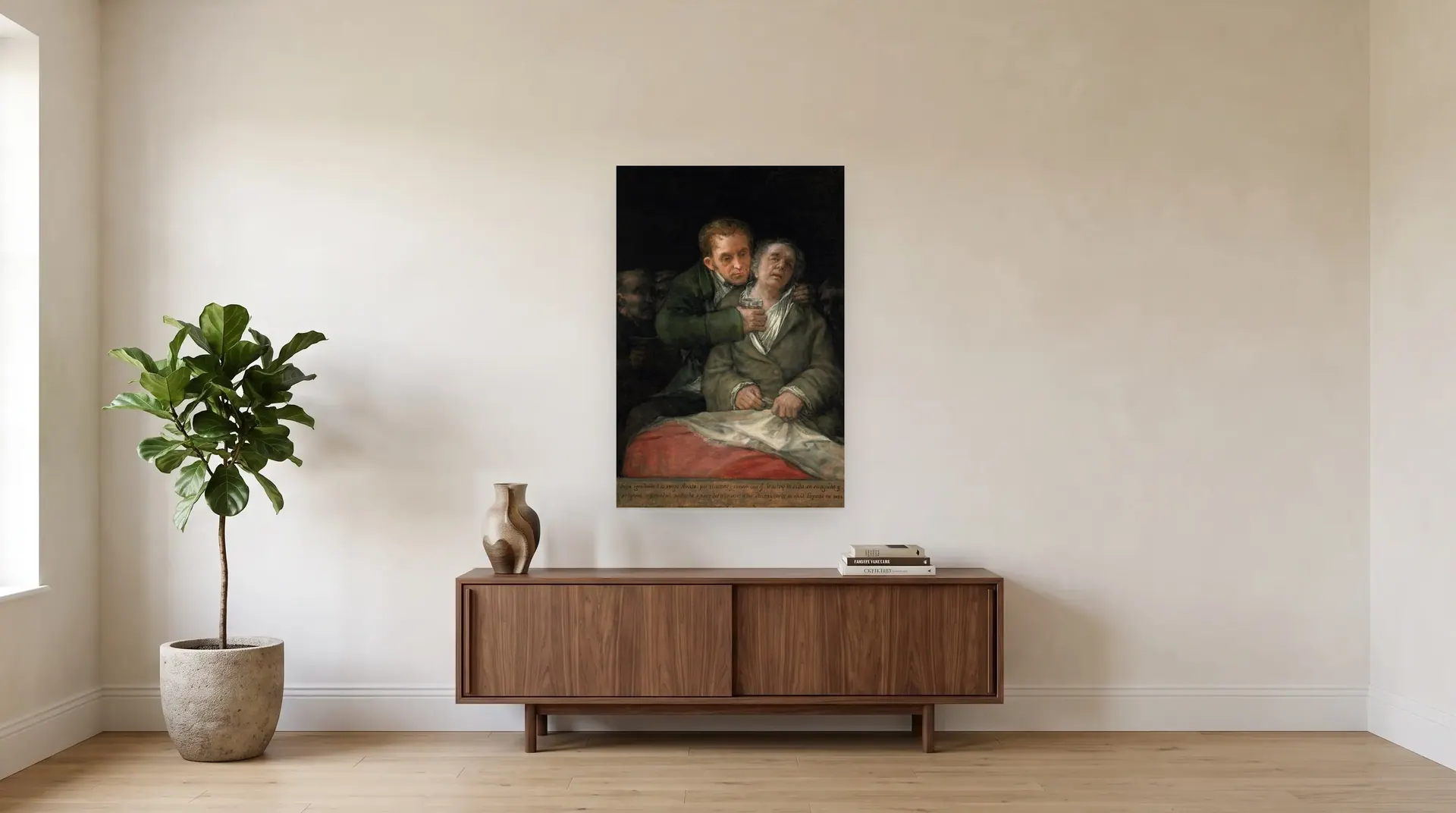 Self-portrait with Dr Arrieta by Francisco Goya shown at its true size, 30" × 45", over a 72" sideboard