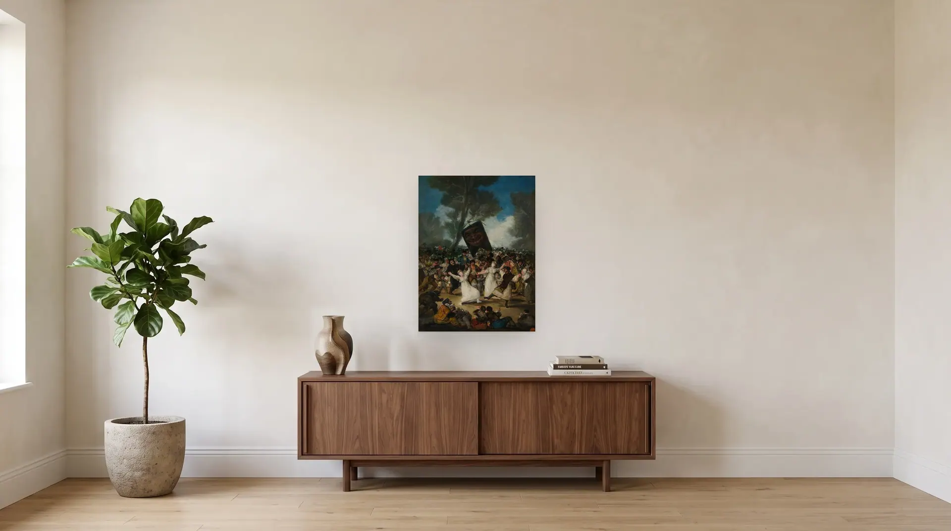 The Burial of the Sardine by Francisco Goya shown at its true size, 23½" × 31½", over a 72" sideboard