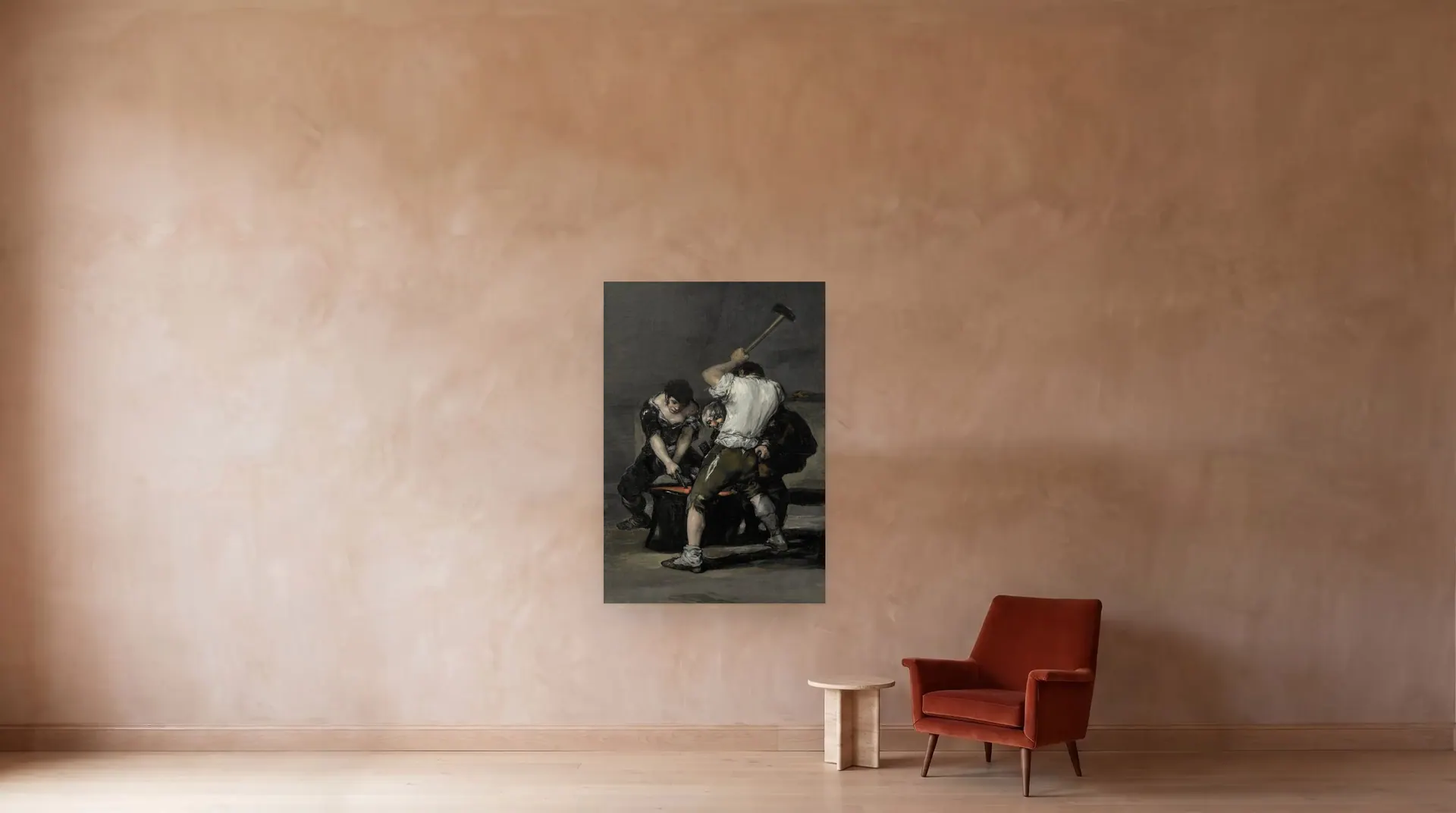 The Forge by Francisco Goya shown at its true size, 49½" × 71½", beside an armchair