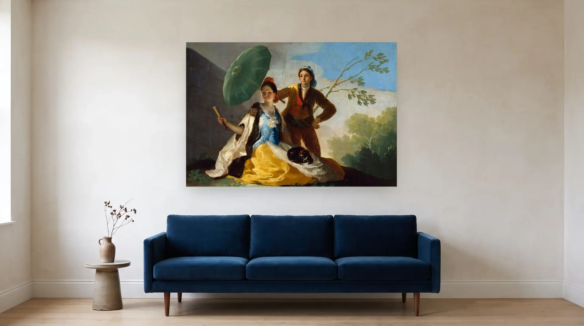 The Parasol by Francisco Goya shown at its true size, 60" × 41", over an 84" sofa