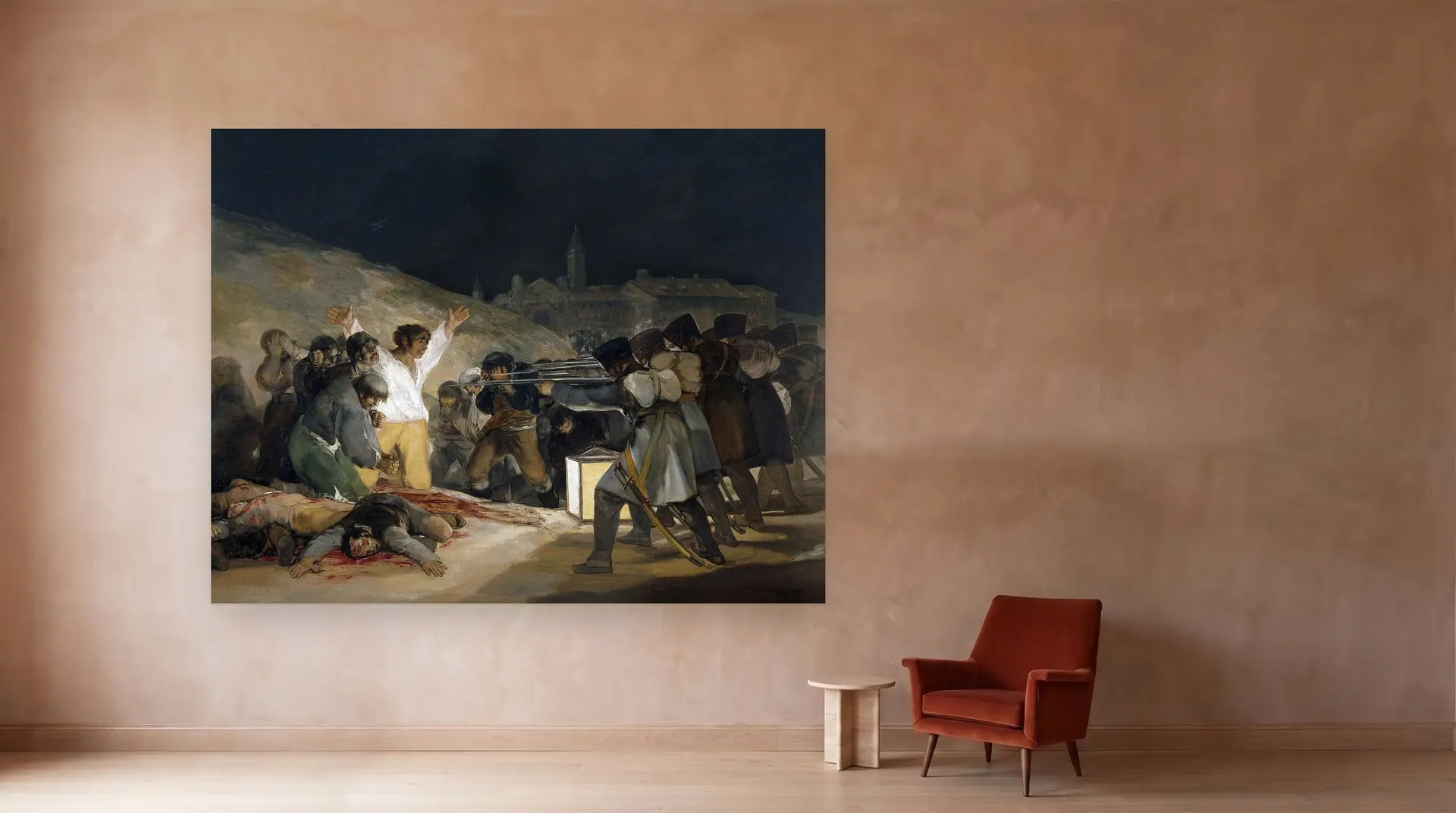 The Third of May 1808 by Francisco Goya shown at its true size, 11 ft 5 in × 8 ft 10 in, beside an armchair