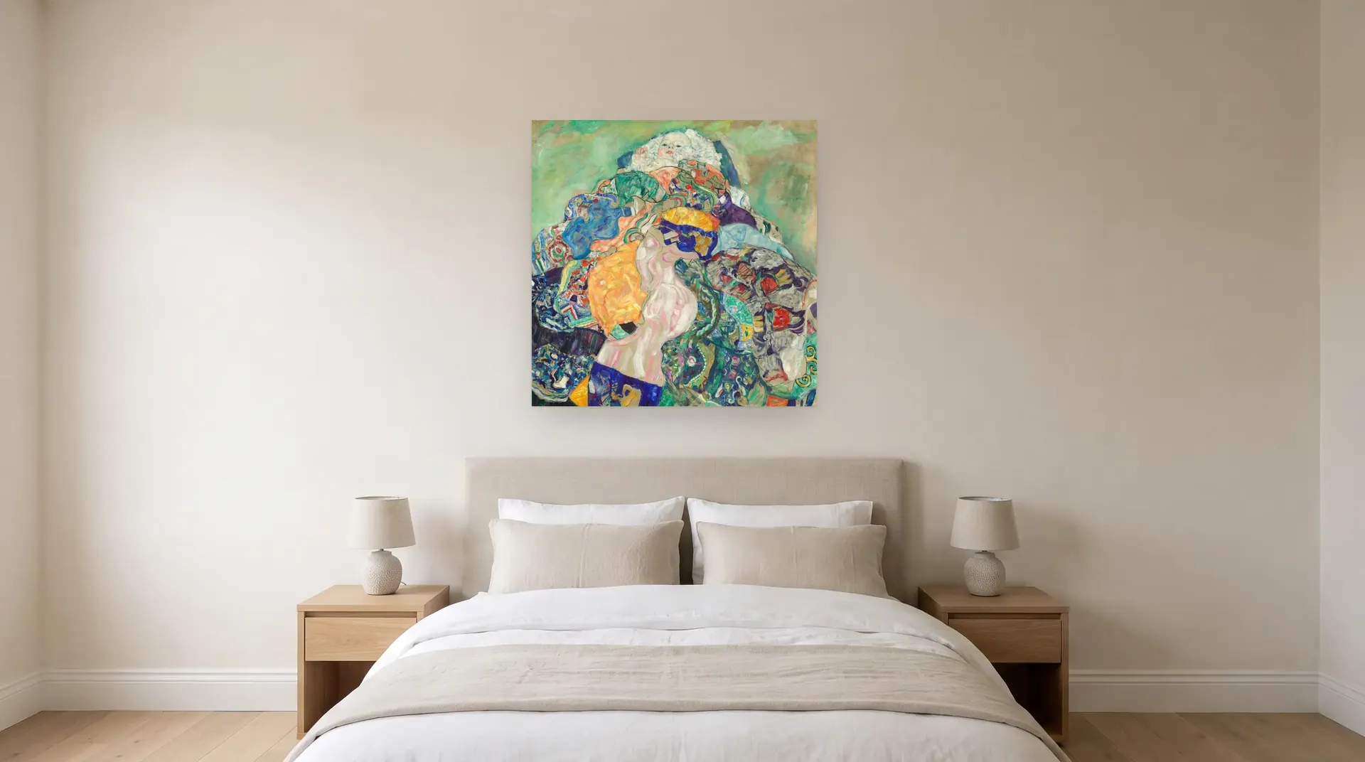 Baby (Cradle) by Gustav Klimt shown at its true size, 43½" × 43½", over a queen bed
