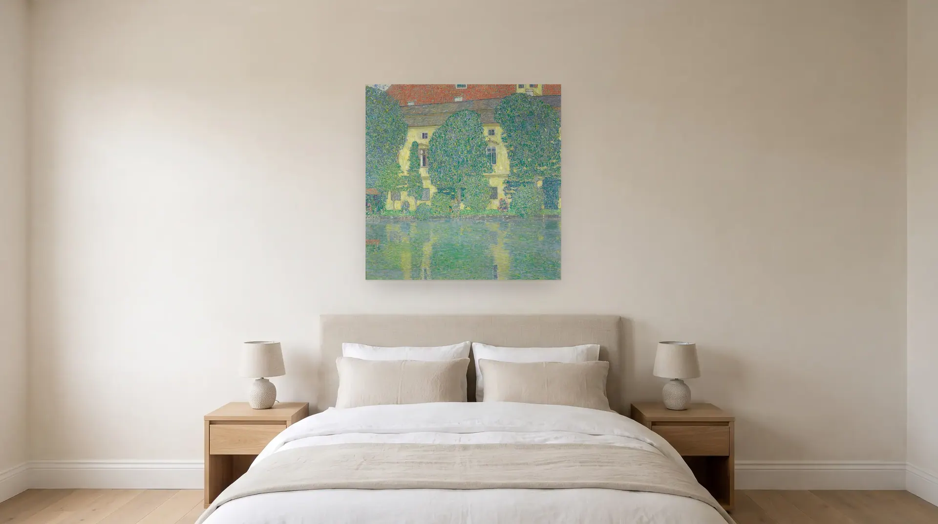 Castle Kammer at Attersee III (Schloss Kammer am Attersee III) by Gustav Klimt shown at its true size, 43½" × 43½", over a queen bed