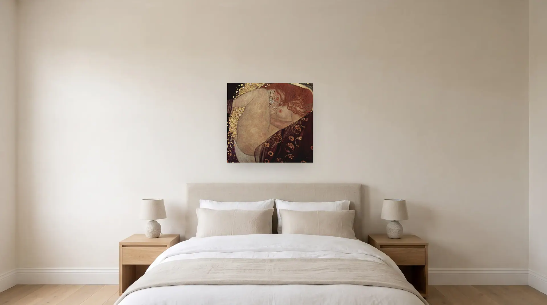 Danaë by Gustav Klimt shown at its true size, 32½" × 30½", over a queen bed
