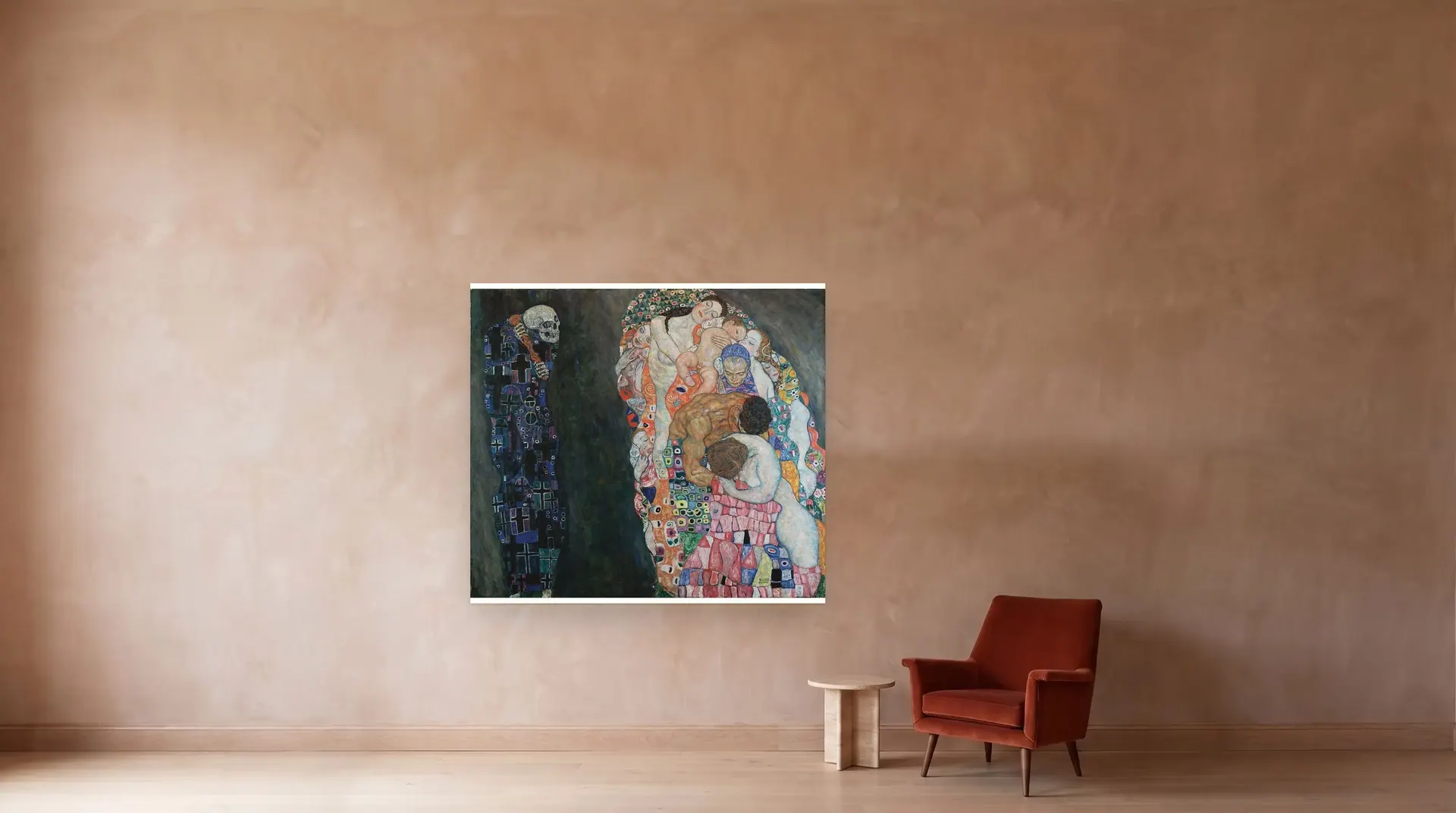 Death and Life by Gustav Klimt shown at its true size, 79" × 71", beside an armchair