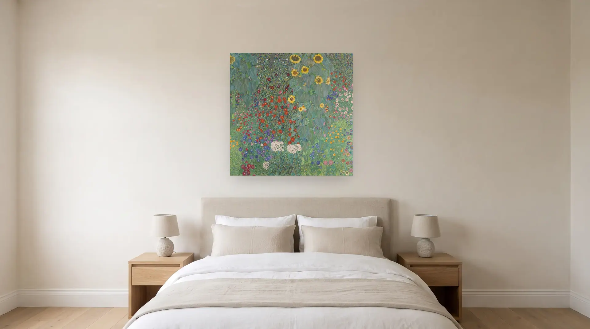 Farm Garden with Sunflowers by Gustav Klimt shown at its true size, 43½" × 43½", over a queen bed