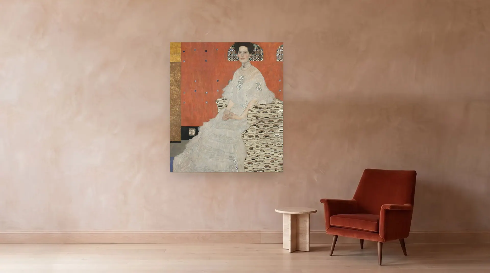 Fritza Riedler by Gustav Klimt shown at its true size, 52½" × 60", beside an armchair