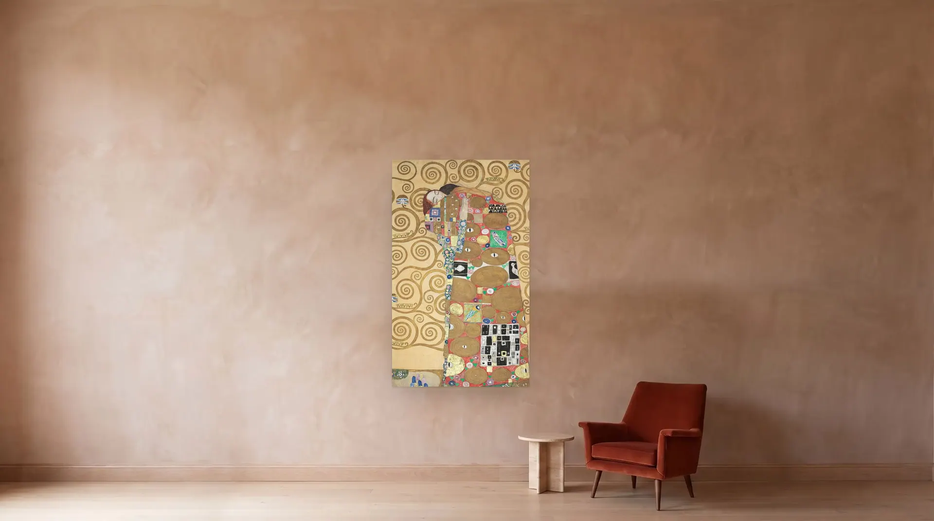 Fulfillment by Gustav Klimt shown at its true size, 47½" × 78½", beside an armchair
