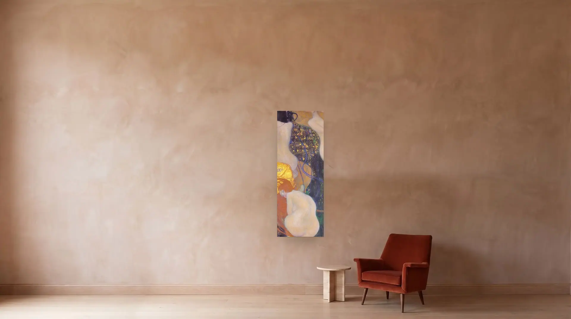 Goldfish by Gustav Klimt shown at its true size, 26½" × 71½", beside an armchair
