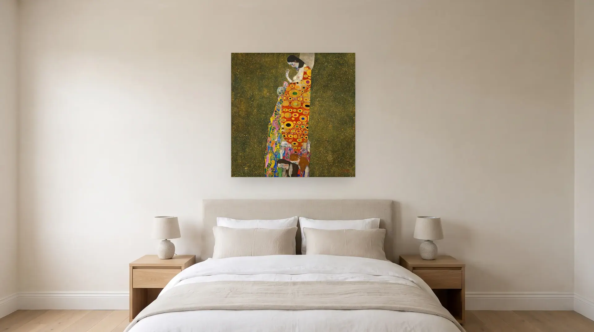 Hope II by Gustav Klimt shown at its true size, 43½" × 43½", over a queen bed