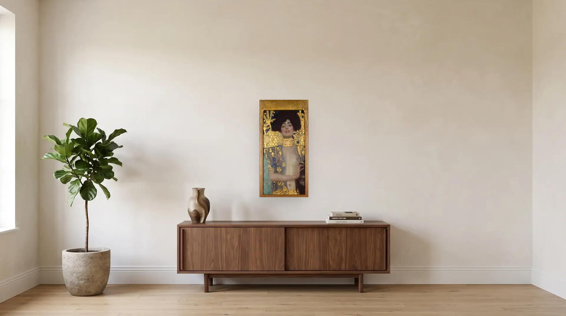 Judith I by Gustav Klimt shown at its true size, 16½" × 33", over a 72" sideboard