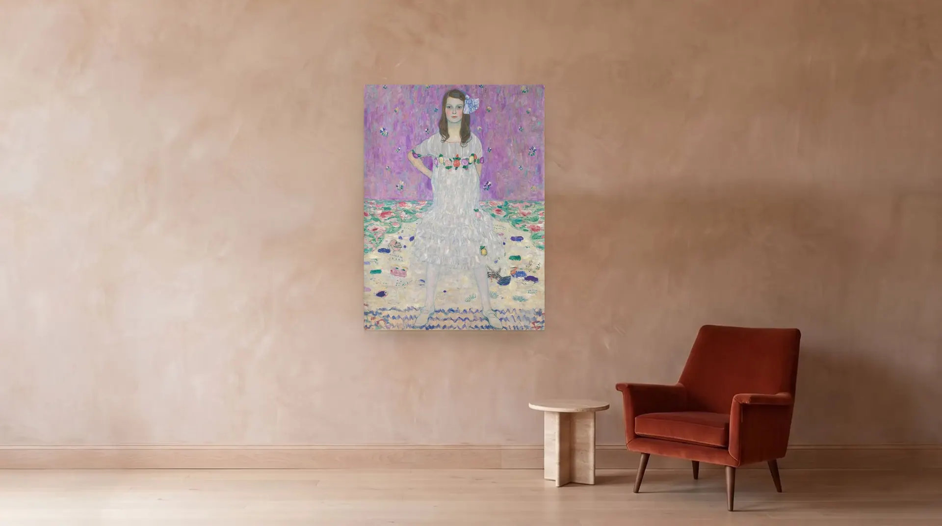 Mäda Primavesi by Gustav Klimt shown at its true size, 43½" × 59", beside an armchair