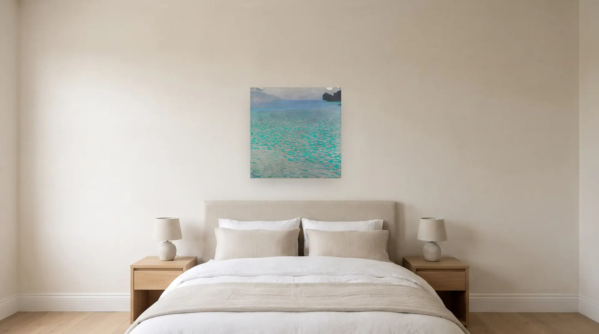 On Lake Attersee by Gustav Klimt shown at its true size, 31½" × 31½", over a queen bed