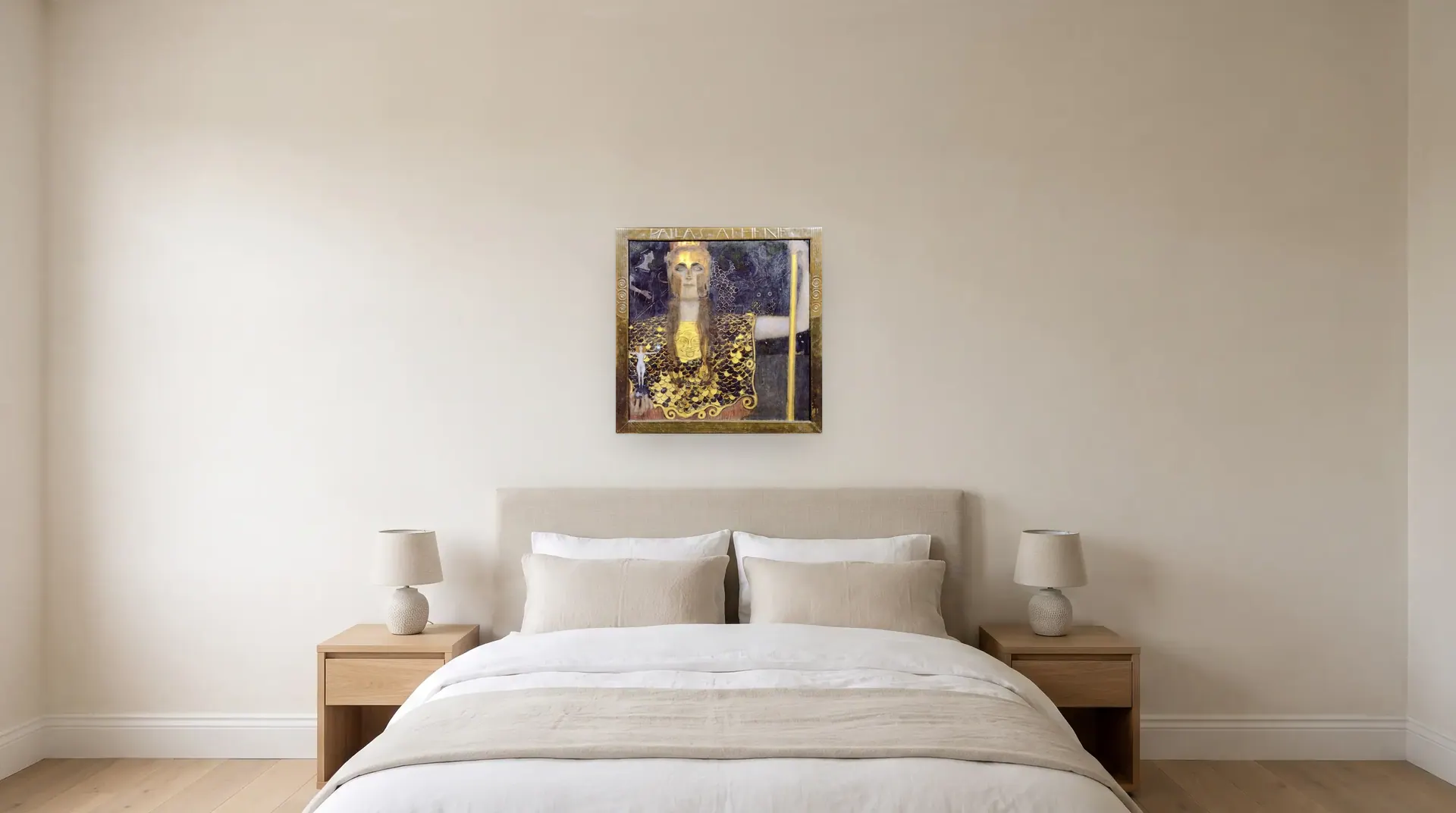 Pallas Athena by Gustav Klimt shown at its true size, 29½" × 29½", over a queen bed