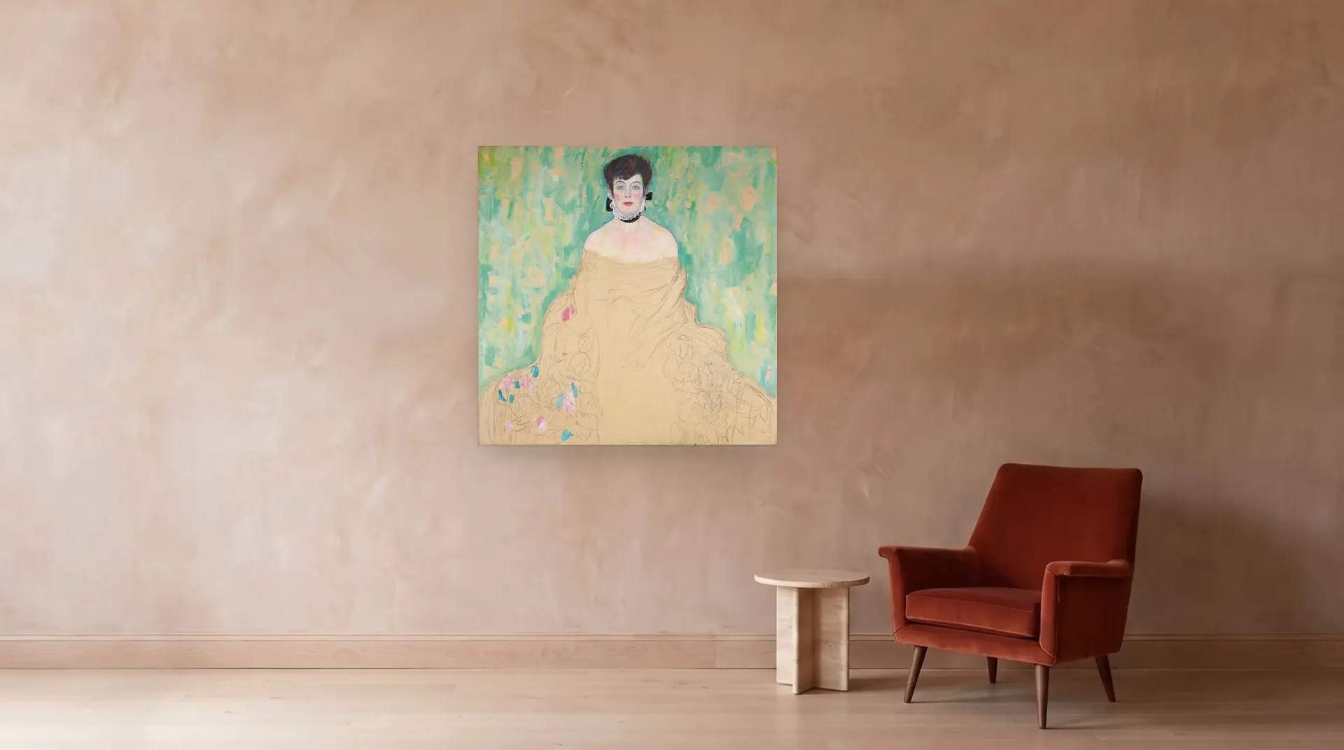 Portrait of Amalie Zuckerkandl by Gustav Klimt shown at its true size, 50½" × 50½", beside an armchair