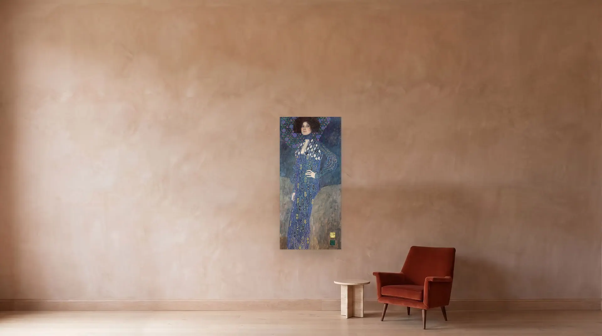 Portrait of Emilie Flöge by Gustav Klimt shown at its true size, 33" × 71½", beside an armchair