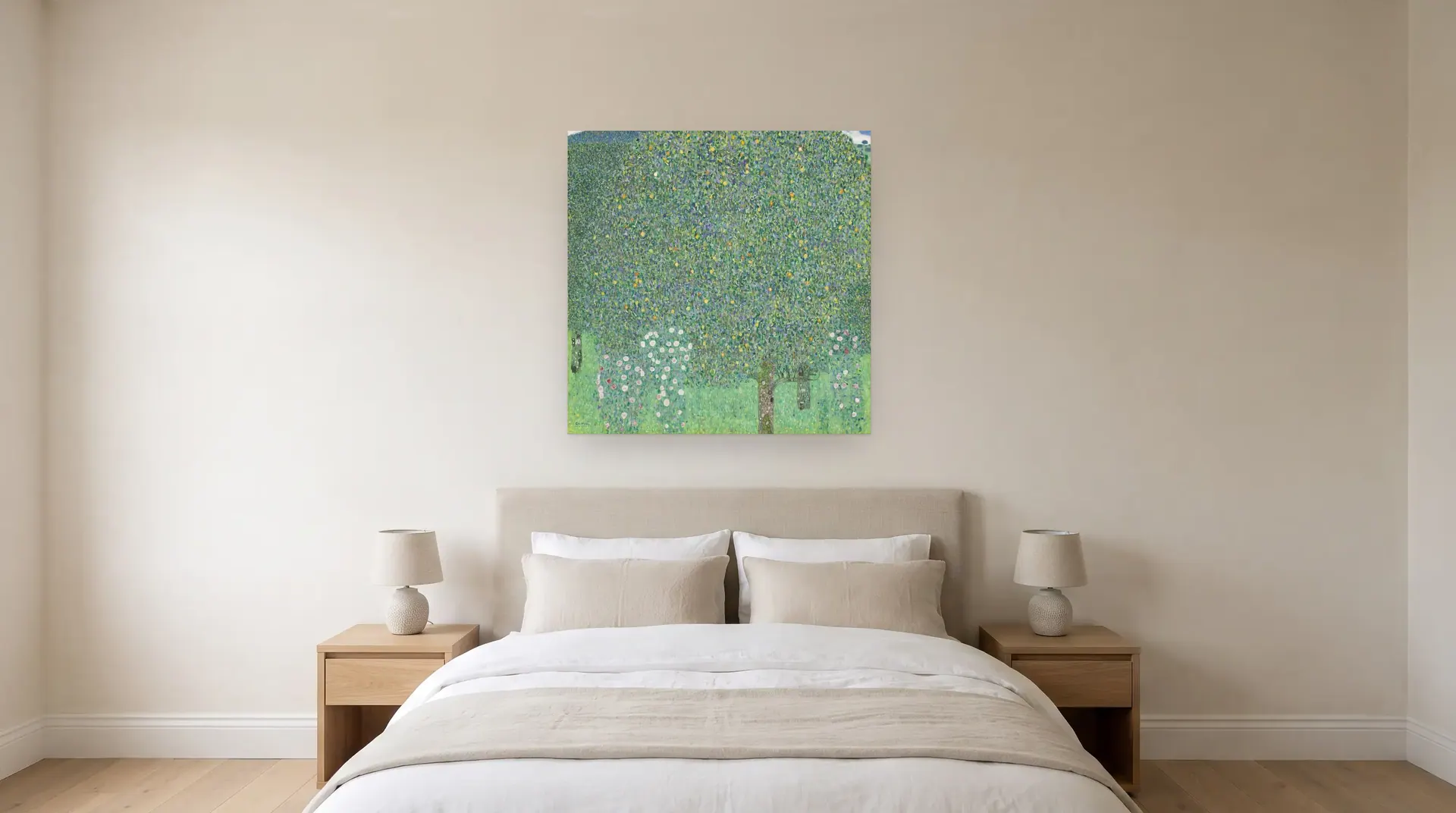 Rosebushes under the Trees by Gustav Klimt shown at its true size, 43½" × 43½", over a queen bed