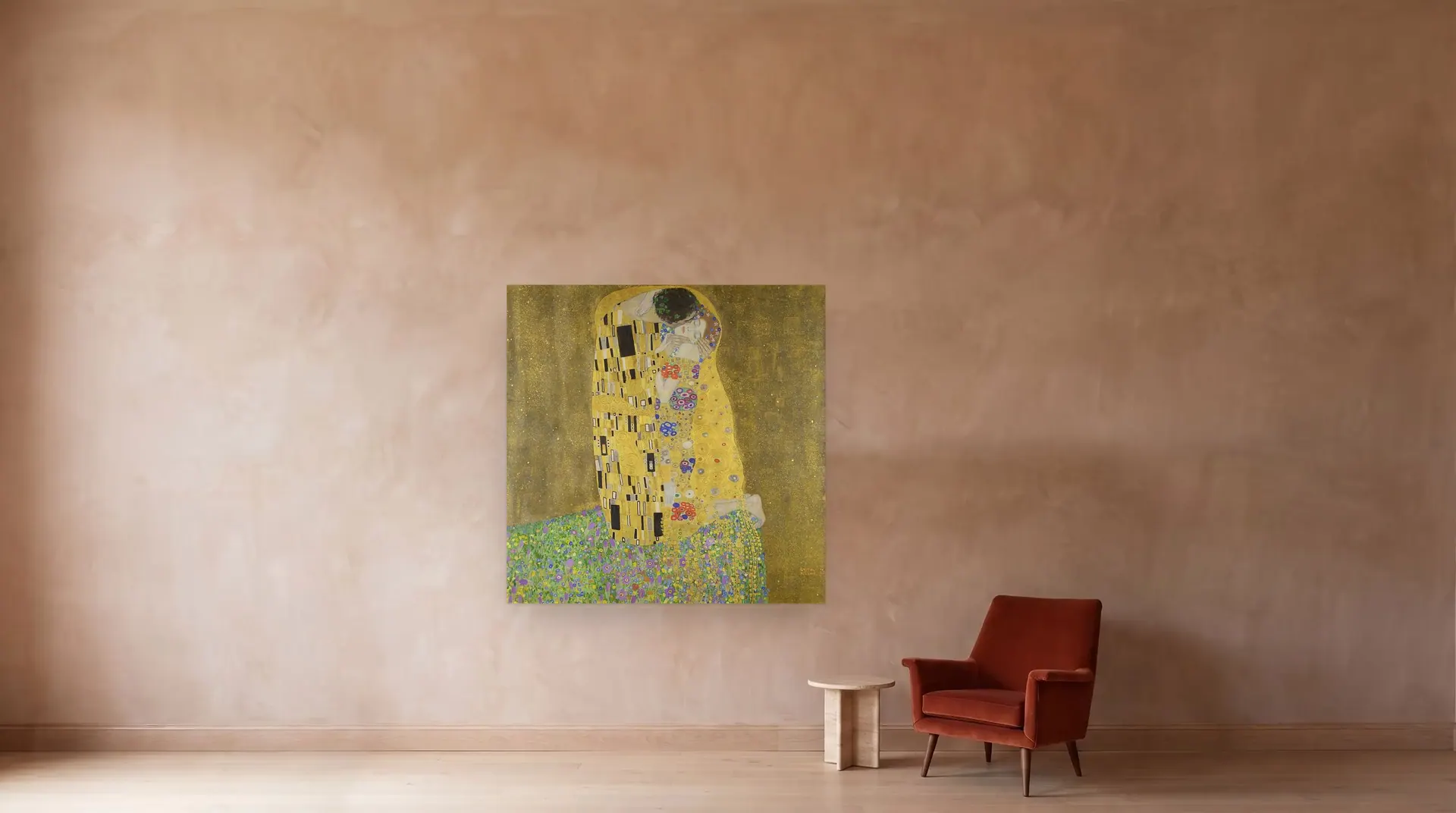 The Kiss by Gustav Klimt shown at its true size, 71" × 71", beside an armchair