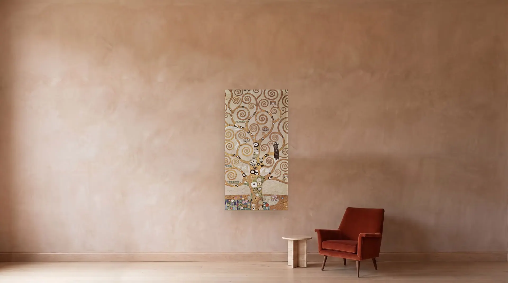 The Tree of Life (Stoclet Frieze) by Gustav Klimt shown at its true size, 40" × 77", beside an armchair