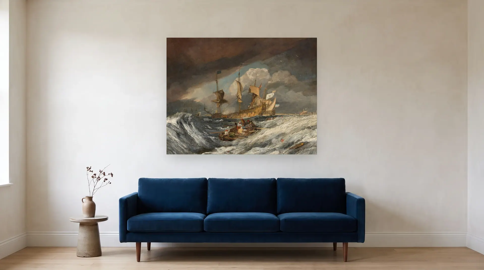 Boats Carrying Out Anchors to the Dutch Men of War by J. M. W. Turner shown at its true size, 51½" × 40", over an 84" sofa