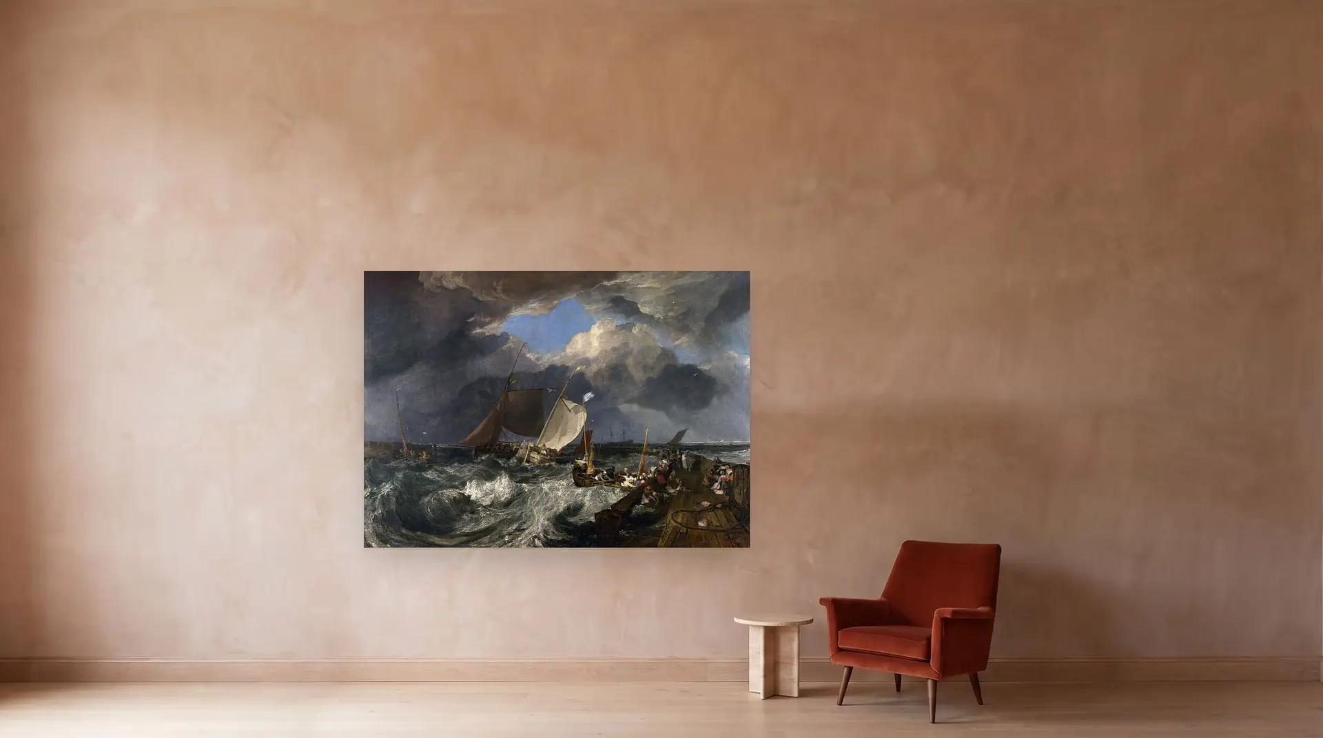 Calais Pier by J. M. W. Turner shown at its true size, 94½" × 67½", beside an armchair